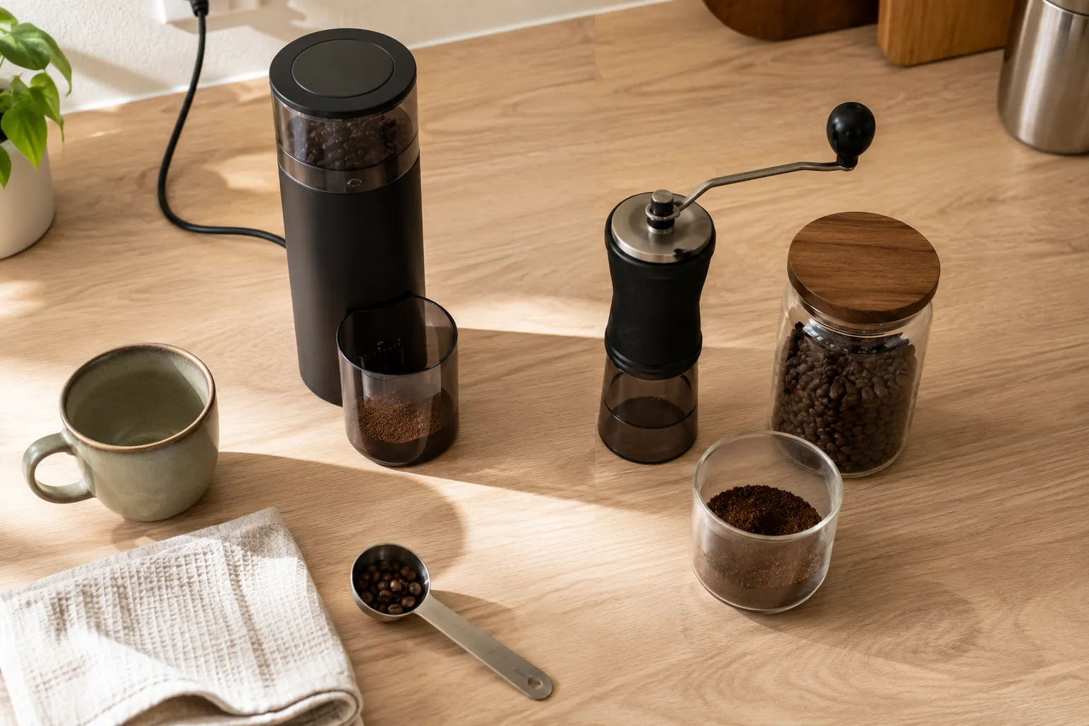 Slim electric burr grinder and compact manual hand grinder arranged with whole coffee beans, grounds cup, scoop, mug, and cleaning cloth.