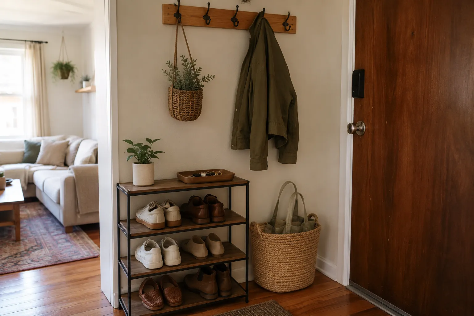 Small apartment entryway with wall hooks, a key tray, and slim shoe storage