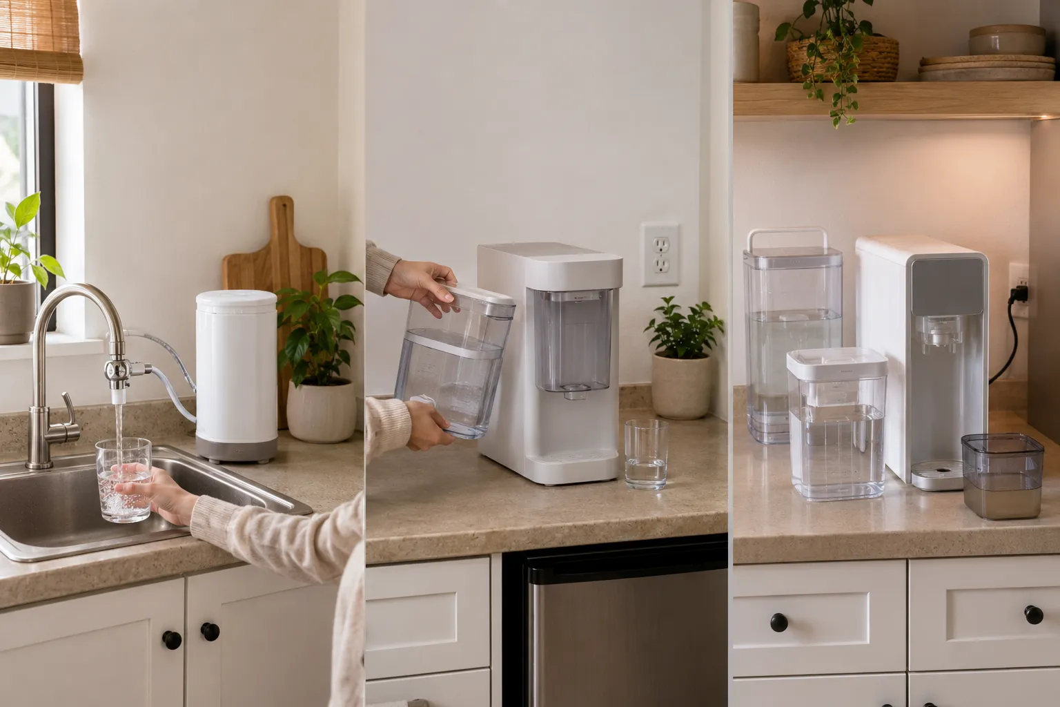 Side-by-side apartment kitchen setups showing a faucet-connected filter, a manually refilled water dispenser, and a countertop reverse-osmosis system.