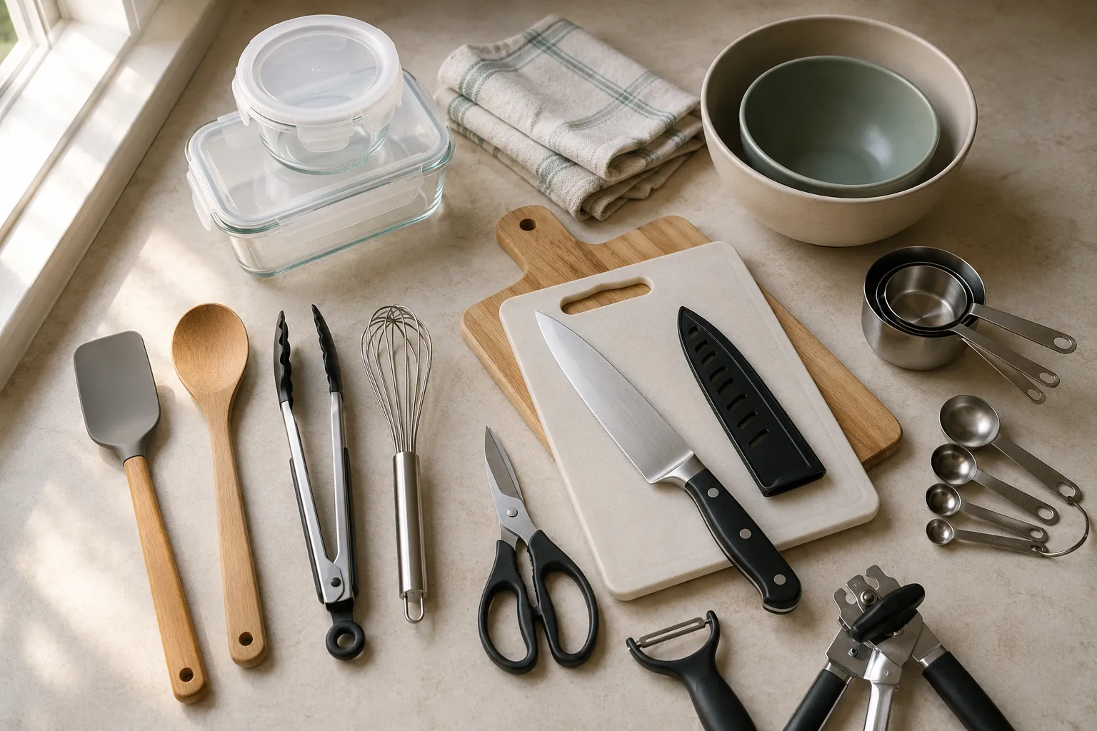 Flat lay of beginner kitchen essentials including a chef's knife, cutting boards, measuring cups, mixing bowls, utensils, and food storage containers.