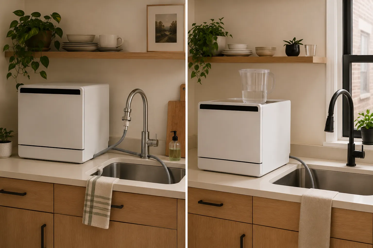 Side-by-side apartment kitchens showing a countertop dishwasher connected to a fixed faucet and a manual-fill water-tank dishwasher beside a disconnected pull-down faucet.