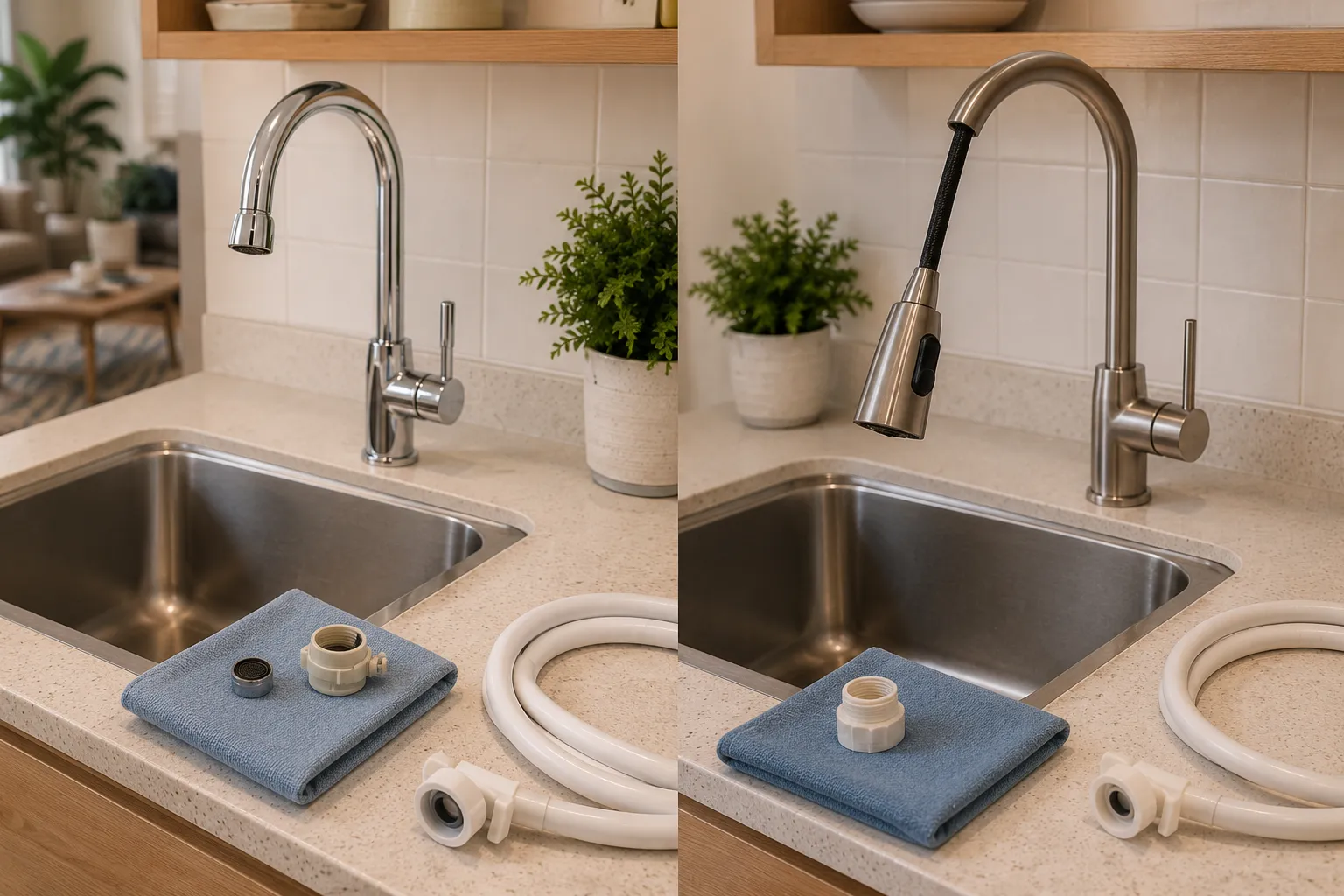 Side-by-side comparison of a fixed faucet with a removable aerator and a pull-down faucet with a retractable spray head and flexible hose.