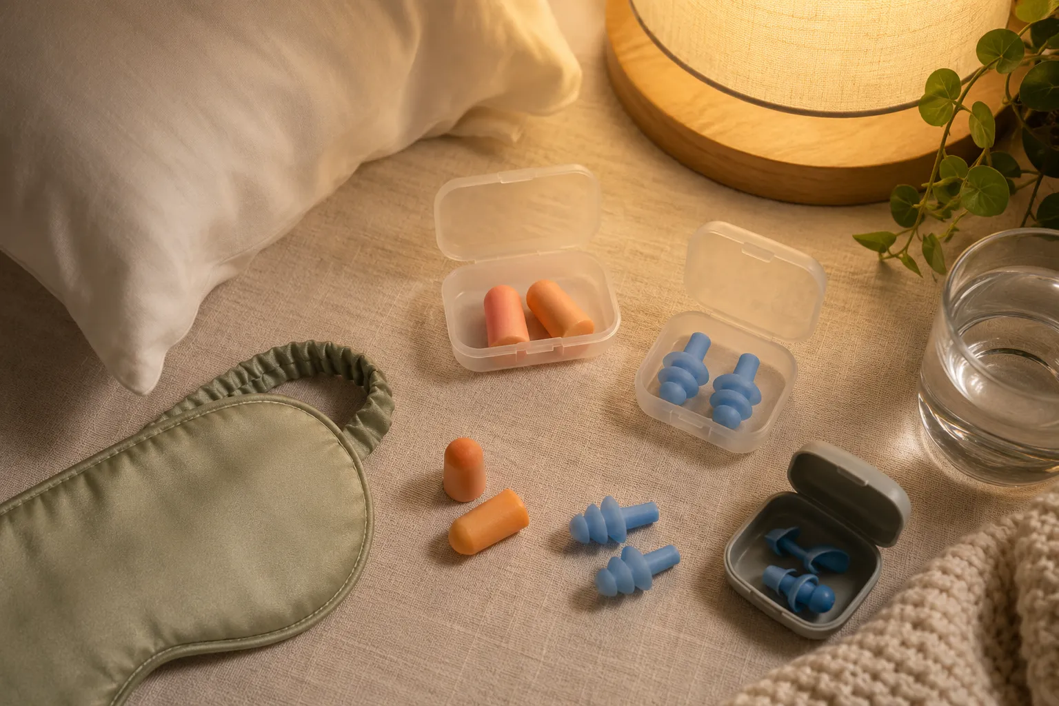 Flat lay of foam earplugs, moldable silicone earplugs, and reusable silicone earplugs on a neutral bedside surface with soft bedroom lighting.