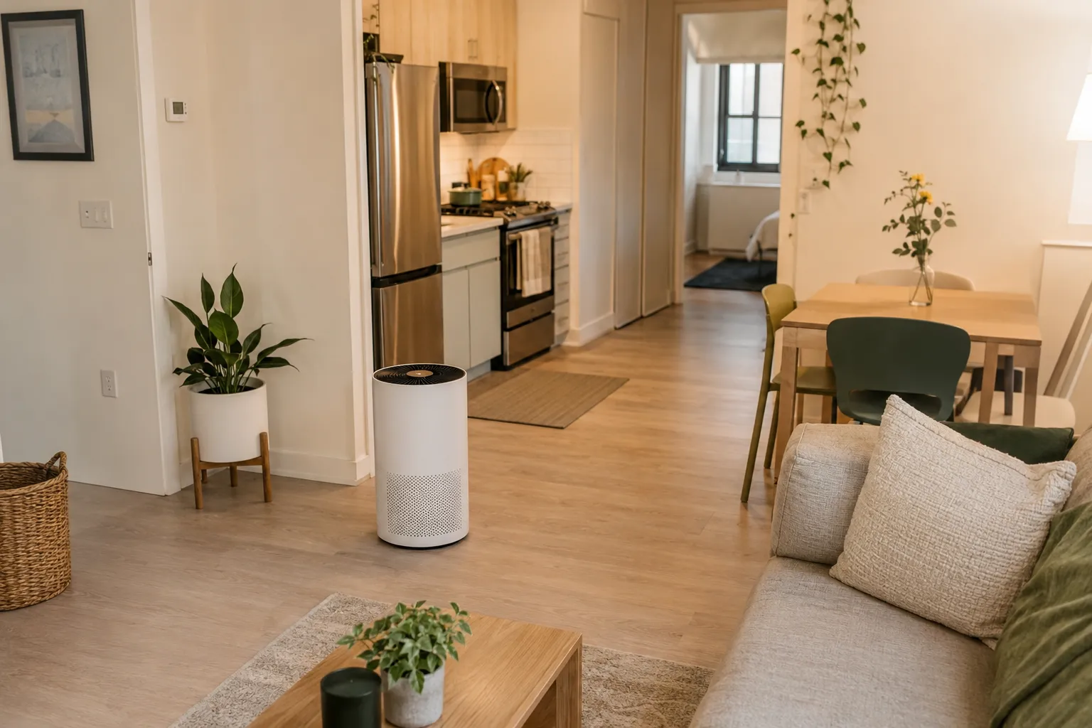 Apartment kitchen and living area with a HEPA and activated carbon air purifier positioned away from cooking splatter.