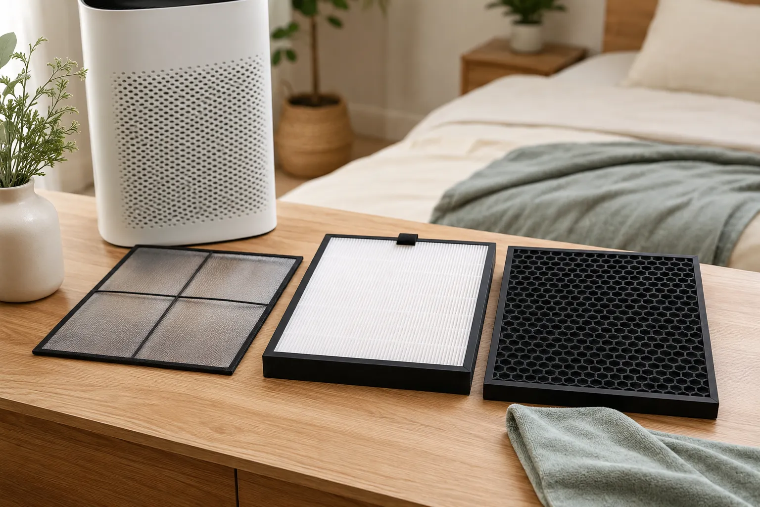 Bedroom air purifier beside HEPA and activated carbon filters, showing the two-filter setup for dust and odor control.