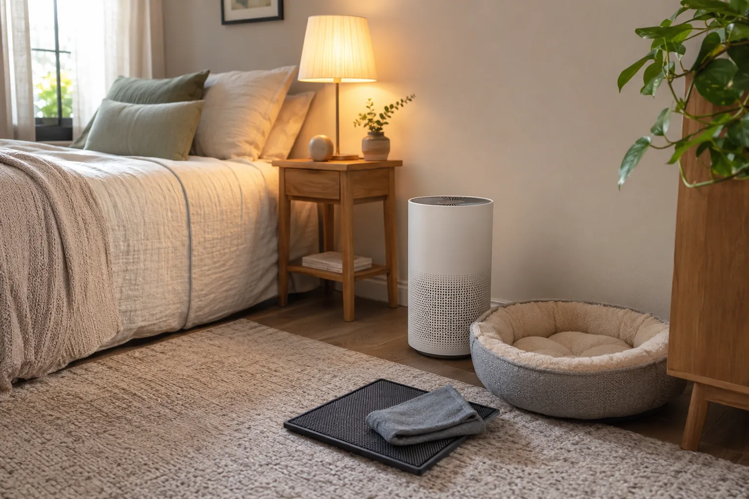 Compact bedroom air purifier placed near a pet sleeping area to support dander and light odor control.
