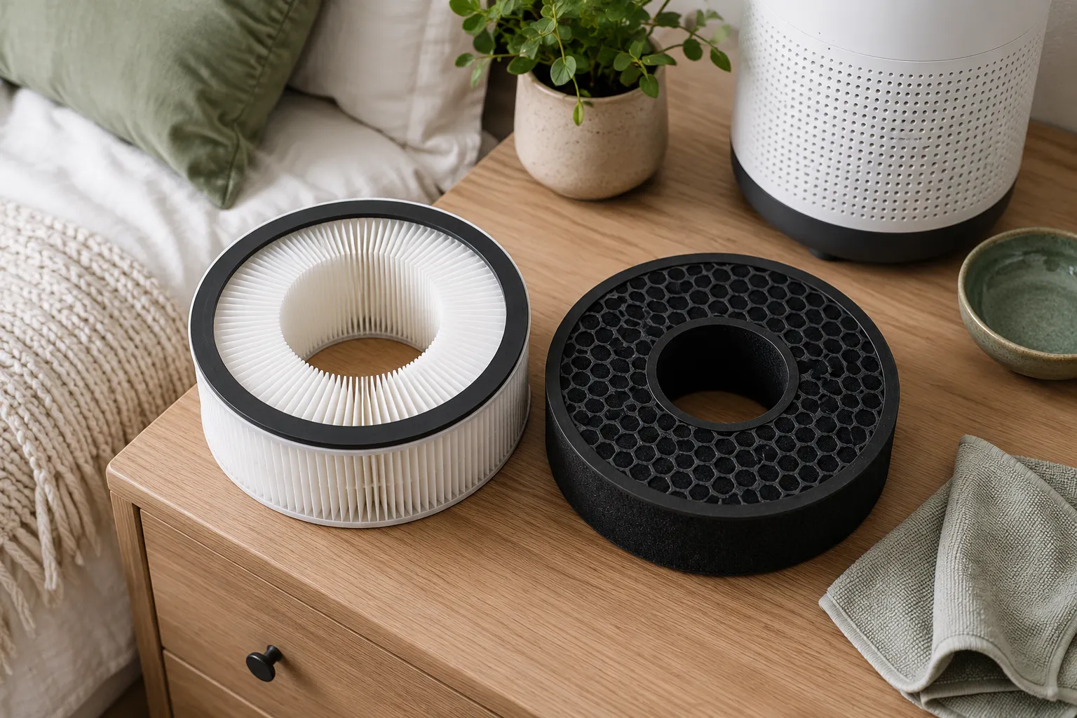 Flat lay of a white pleated HEPA-style filter and a dark activated carbon filter beside a compact bedroom air purifier.
