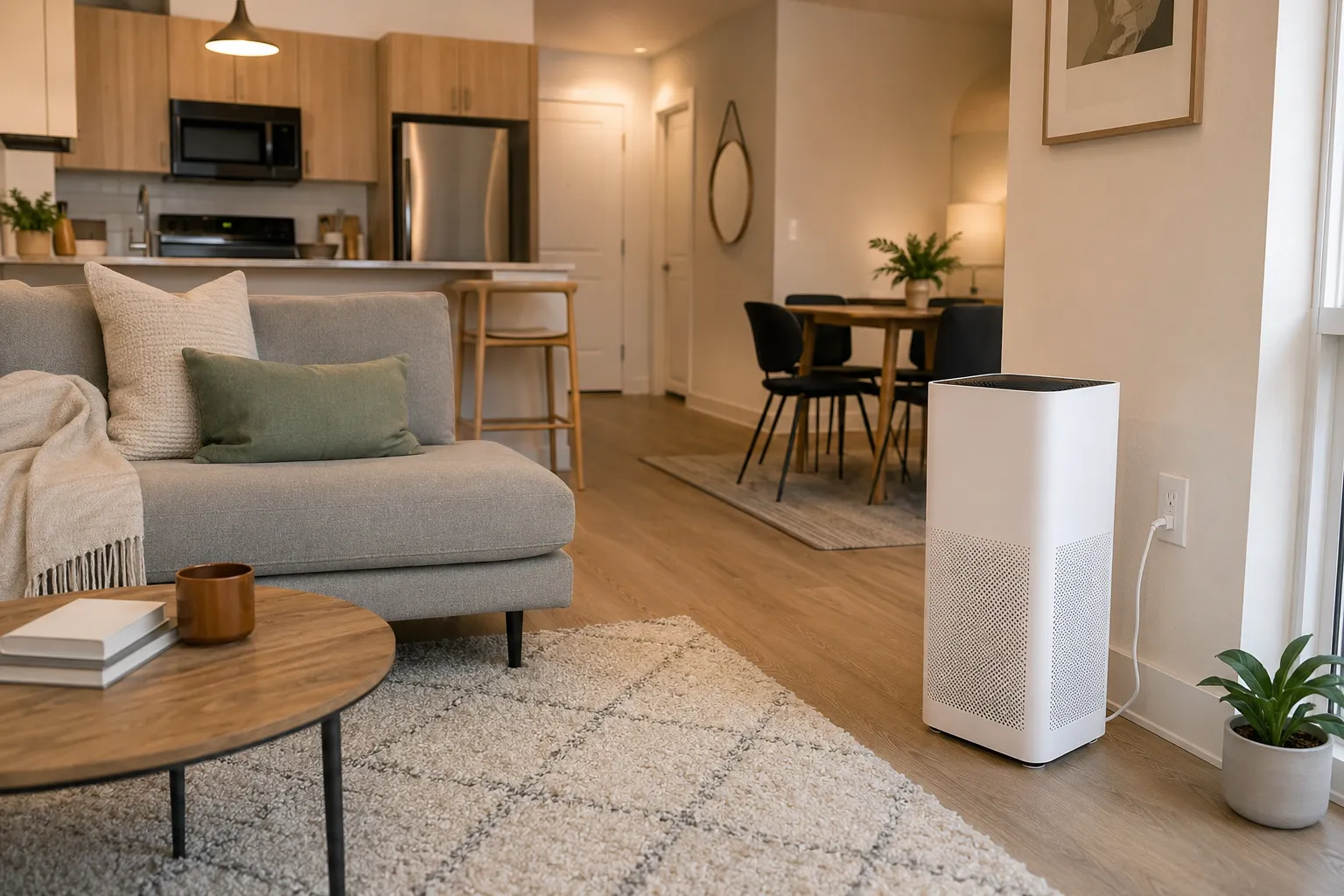 High-CADR HEPA and activated carbon air purifier placed in an open apartment living area for broader airflow coverage.