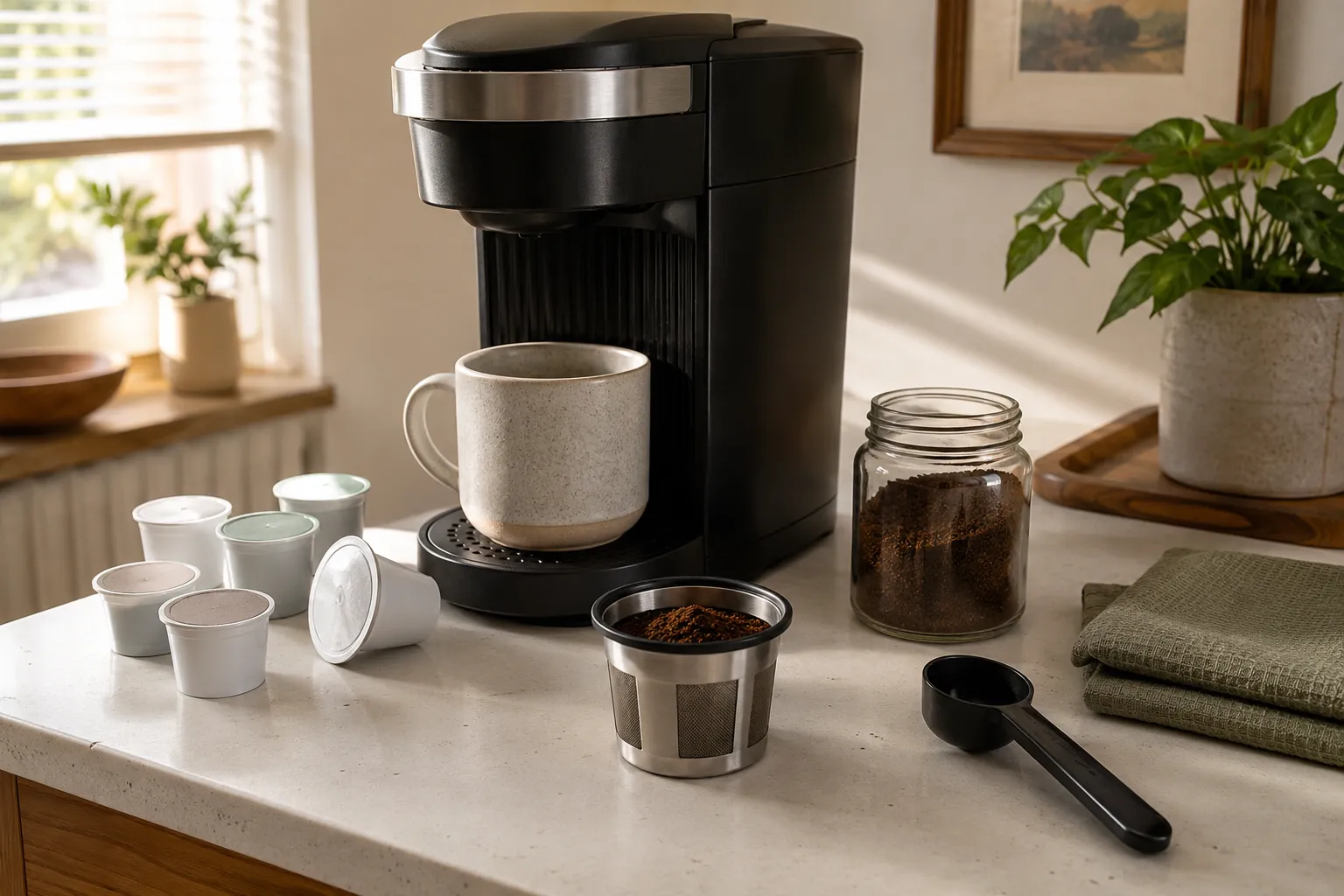 Generic single-serve coffee machine with plain coffee capsules, reusable ground-coffee filter cup, scoop, coffee jar, and ceramic mug.