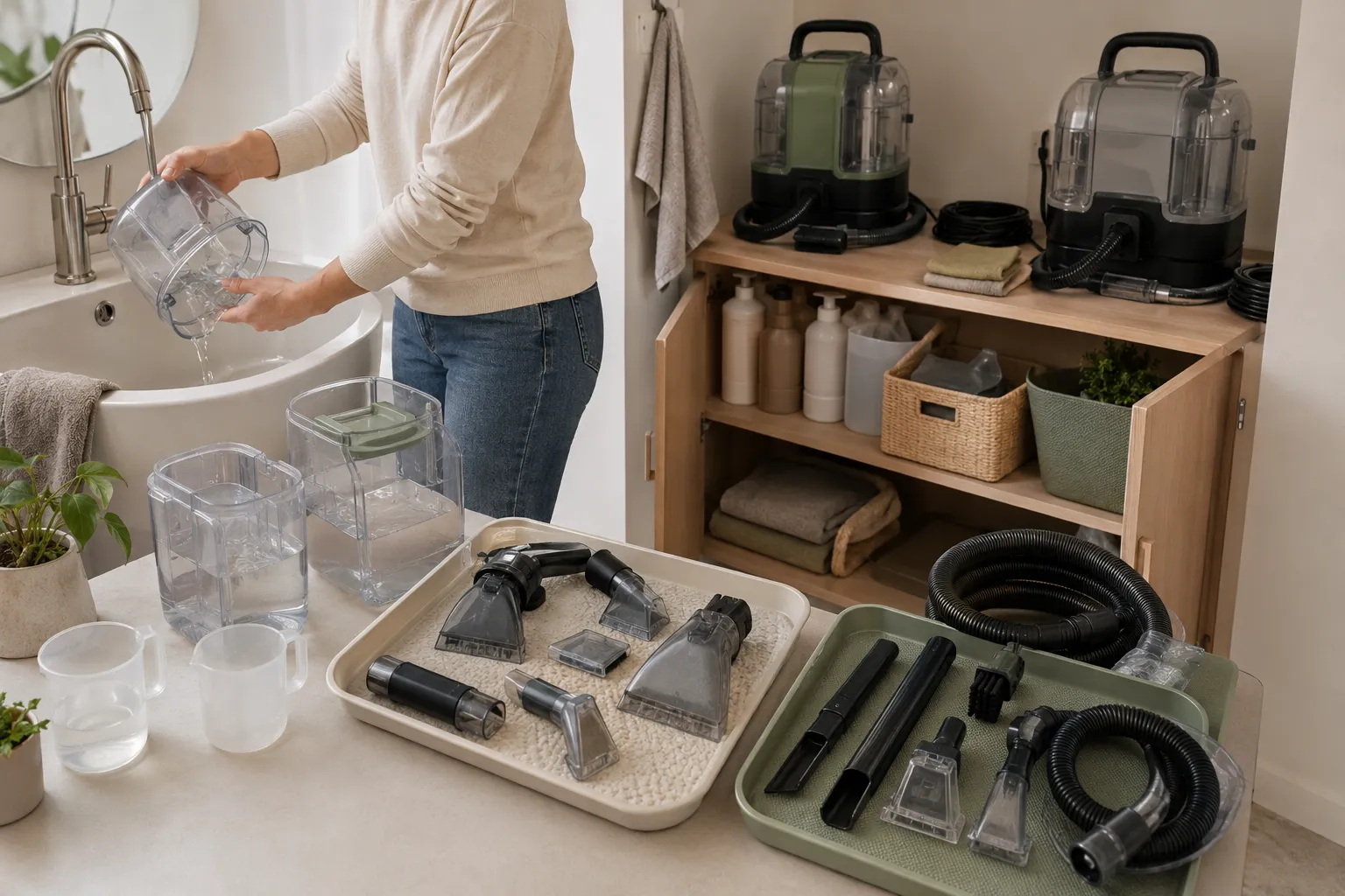Adult renter emptying, rinsing, drying, and storing portable spot-cleaner tanks, hoses, steam tools, pet tools, cords, and cleaning formula.
