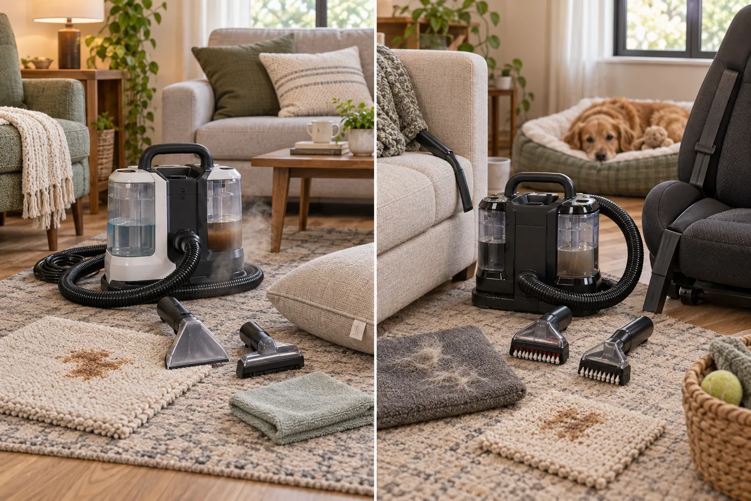 Side-by-side portable cleaning workflows showing controlled steam-assisted cleaning on compatible soft surfaces and pet, bristle, and crevice tools for localized upholstery jobs.