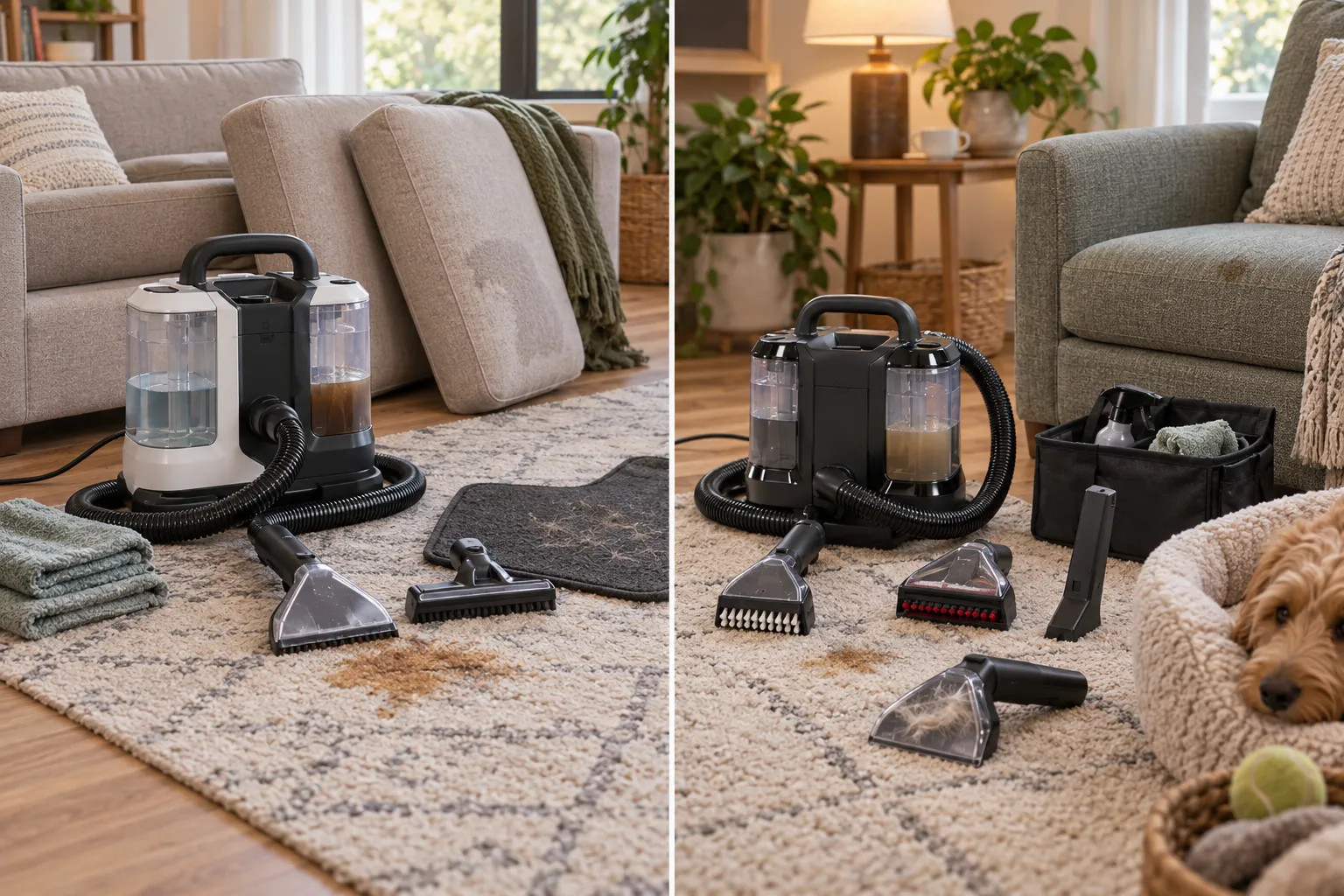 Side-by-side portable spot-cleaning routines comparing a longer multi-surface session with documented larger Bissell tanks and smaller localized upholstery jobs using pet, bristle, and crevice tools.