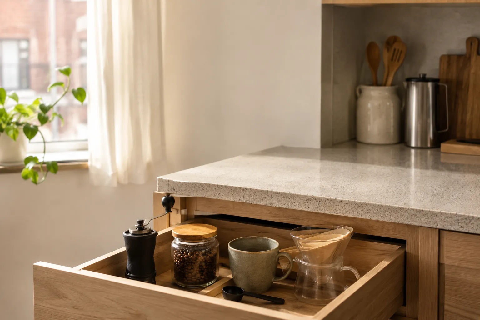 Compact manual coffee grinder stored in a small kitchen drawer with whole beans, scoop, pour-over brewer, filters, and ceramic mug.