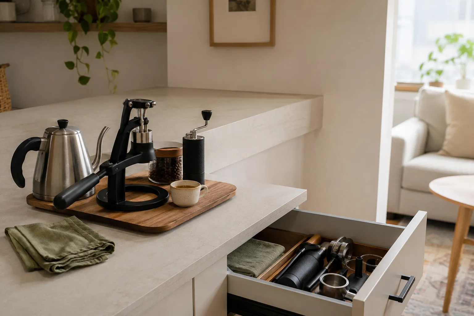 Manual espresso press with kettle, hand grinder, whole coffee beans, espresso cup, and nearby cabinet storage in a small apartment kitchen.