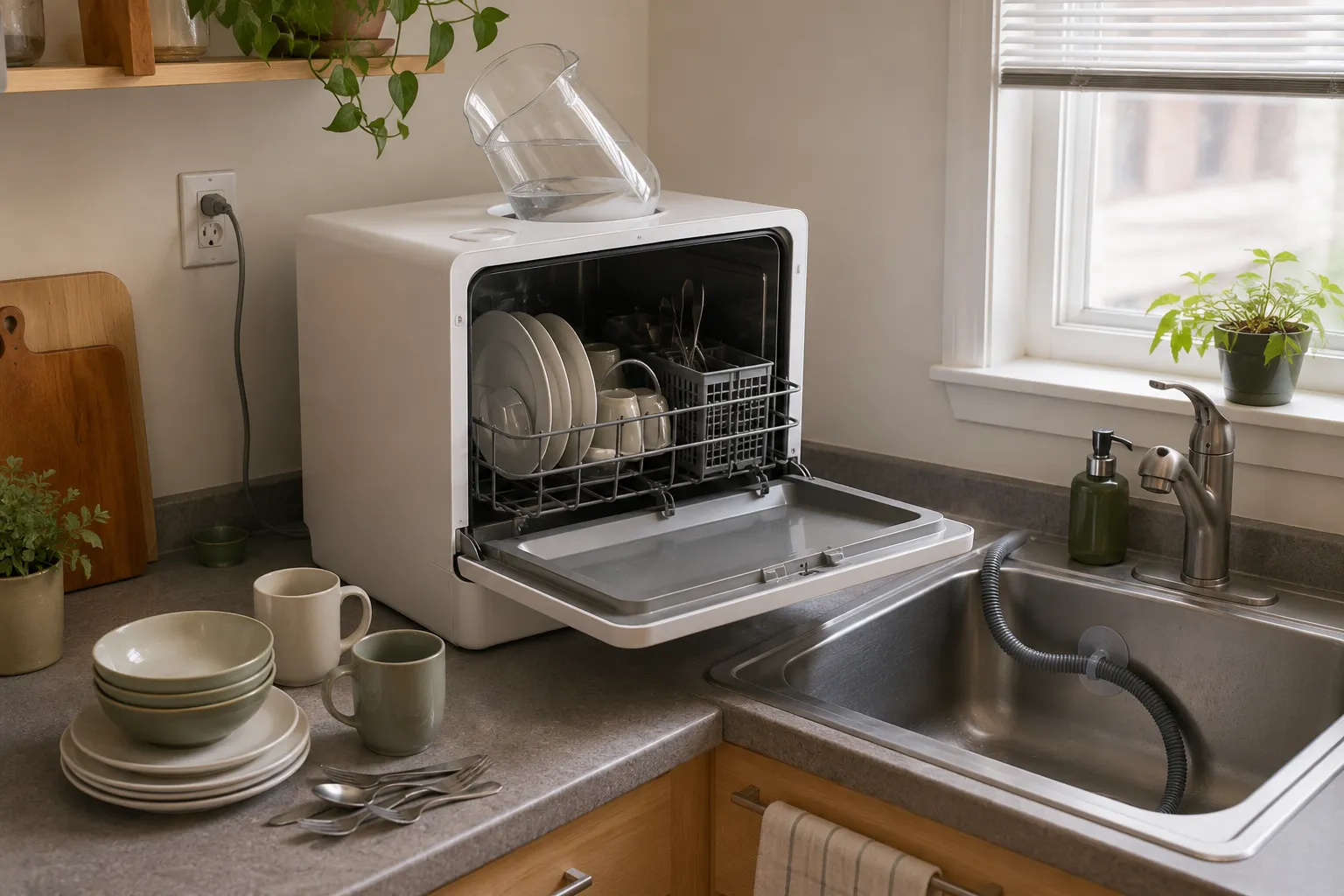 Manual-fill countertop dishwasher with a water pitcher, open loading door, safe outlet, and drain hose secured inside a nearby sink.