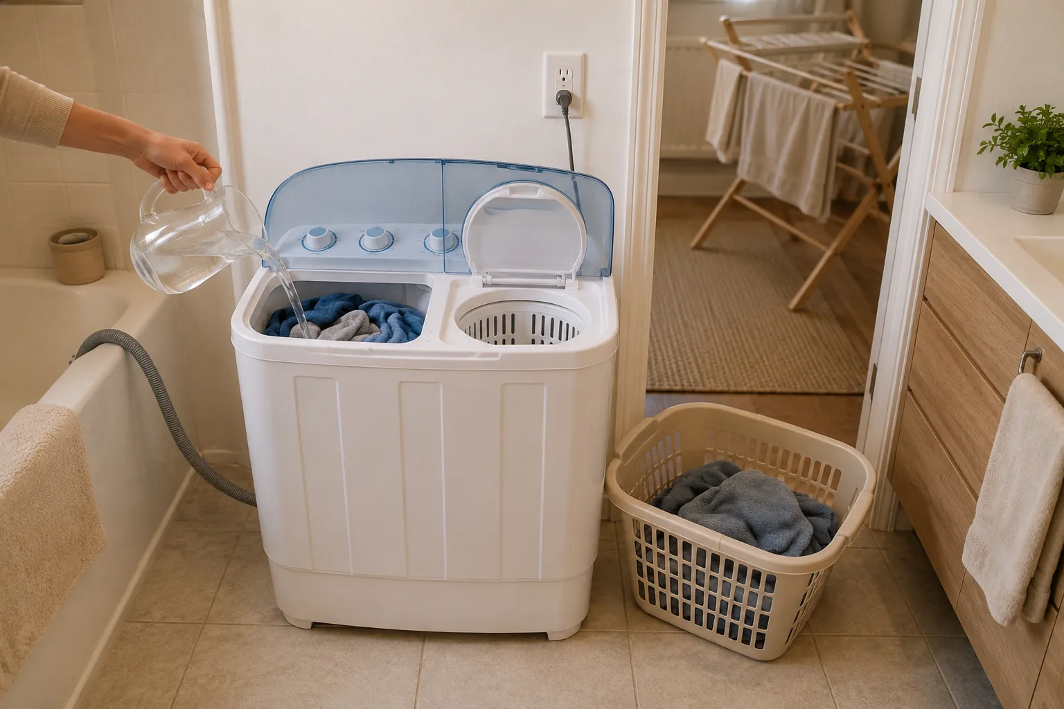 Manual-fill twin-tub washer with separate wash and spin compartments, pitcher filling, secure drainage, laundry basket, and drying rack.