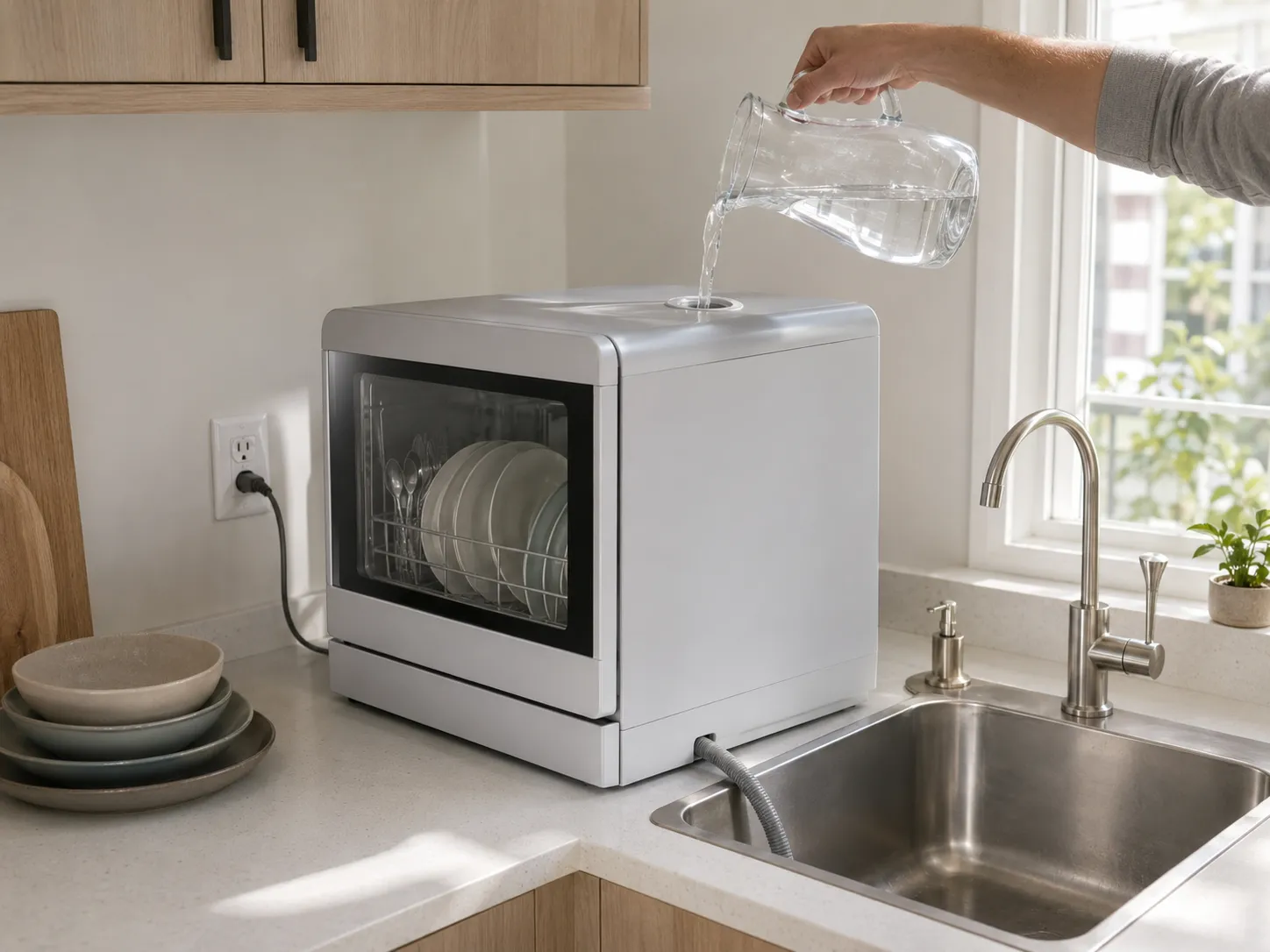 Adult hand pouring water into a compact water-tank countertop dishwasher while its drain hose leads safely into the adjacent sink.