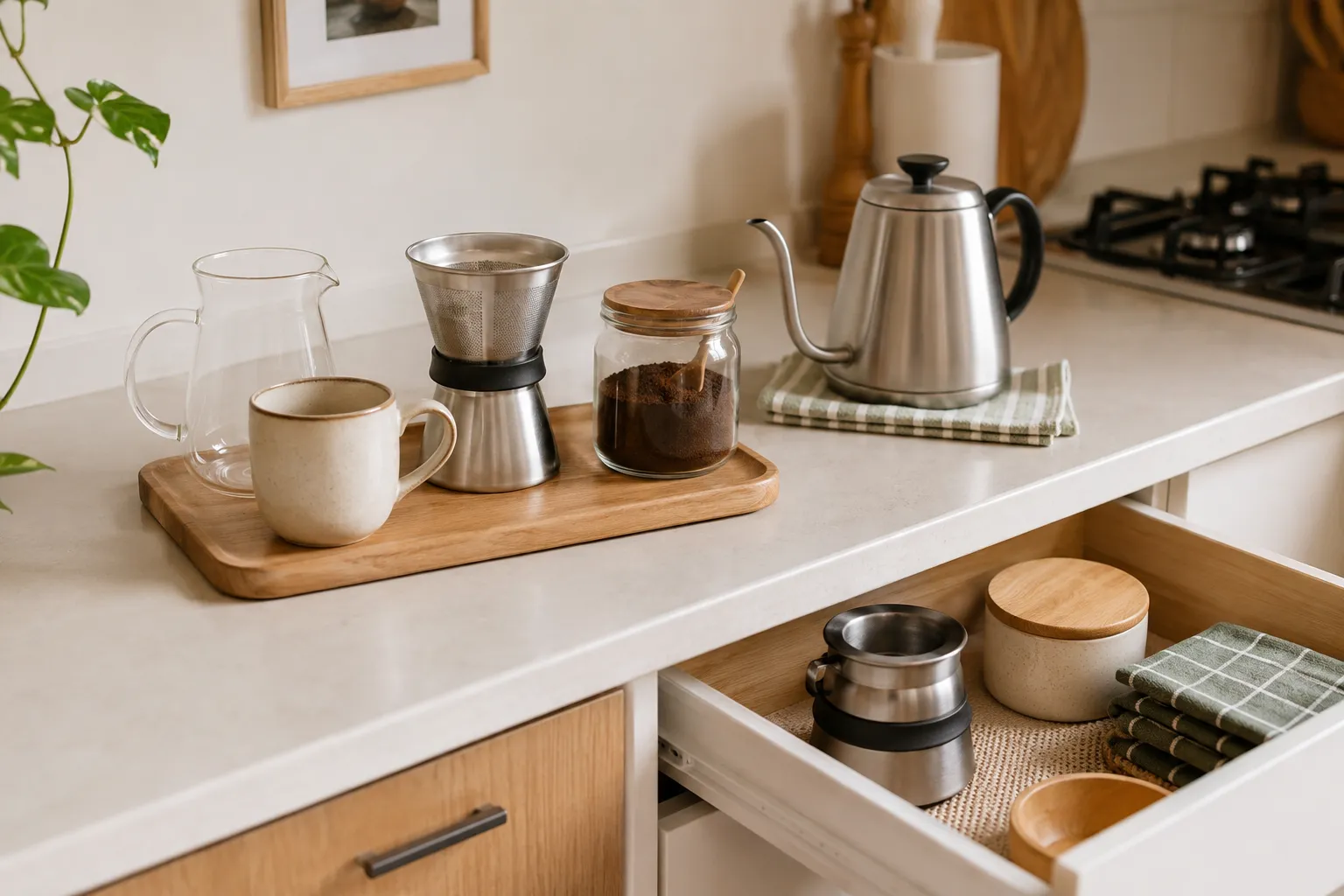 Manual pod-free coffee brewer with metal filter, carafe, kettle, ceramic mug, and nearby cabinet storage in a small apartment kitchen.