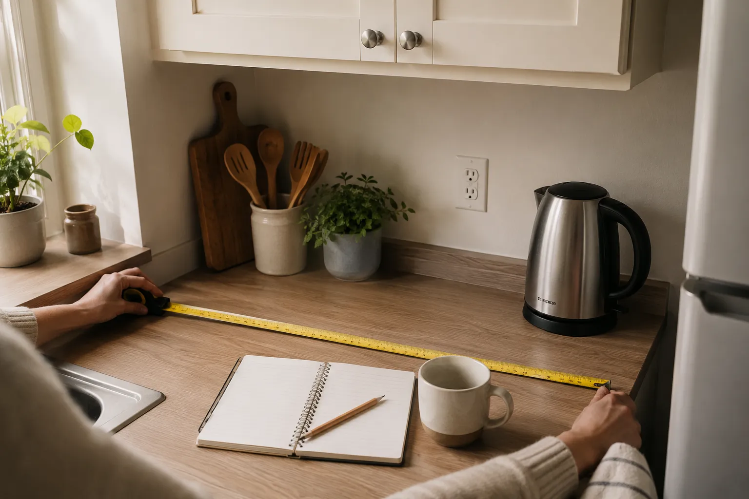 Measuring tape on a small apartment kitchen counter to check space for compact appliances.