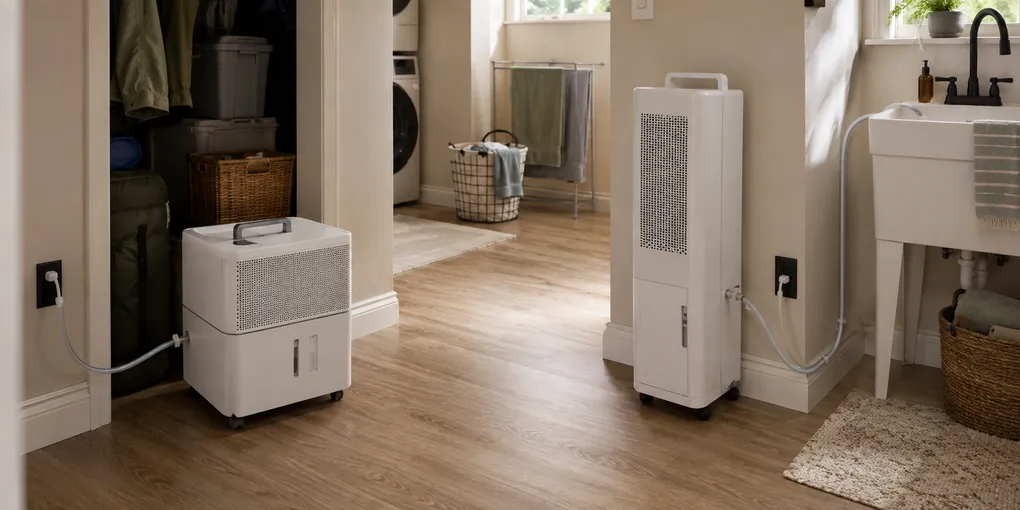 Cube-style and shallow upright pump dehumidifiers compared in a small apartment with caster wheels, removable buckets, seasonal storage, and a secure hose route toward a sink.