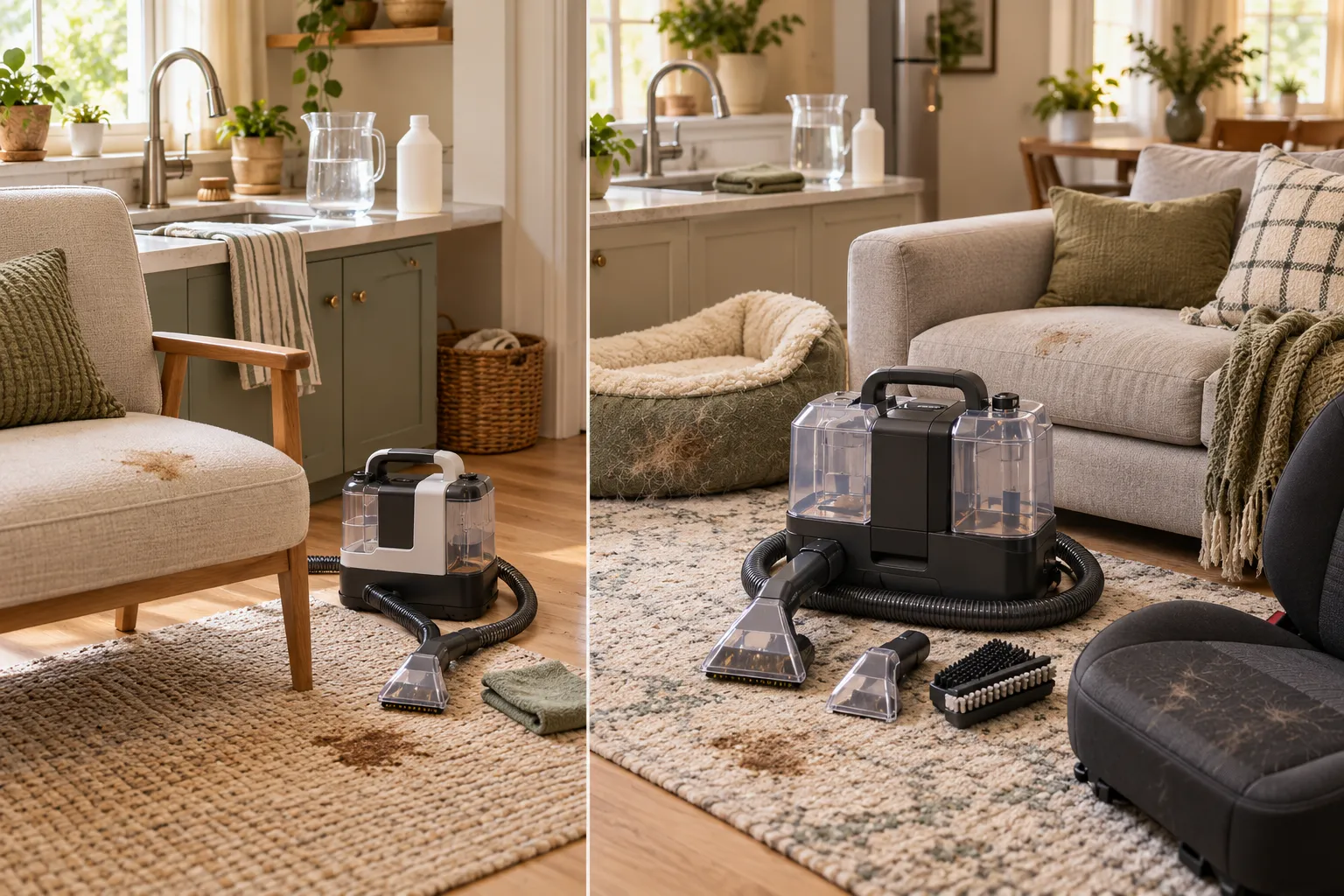 A simple four-inch-style stain tool compared with pet-hair, bristle, rubberized, and self-cleaning-style tools for recurring upholstery and pet-bed cleanup.