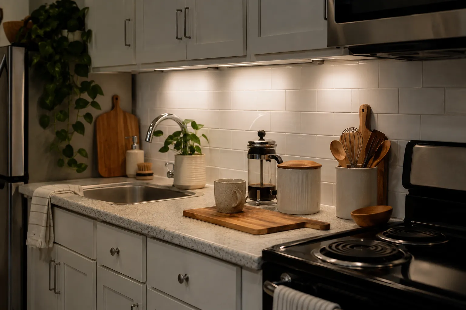 Small apartment kitchen counter with neutral under-cabinet task lighting, a cutting board, mug, and organized everyday items.