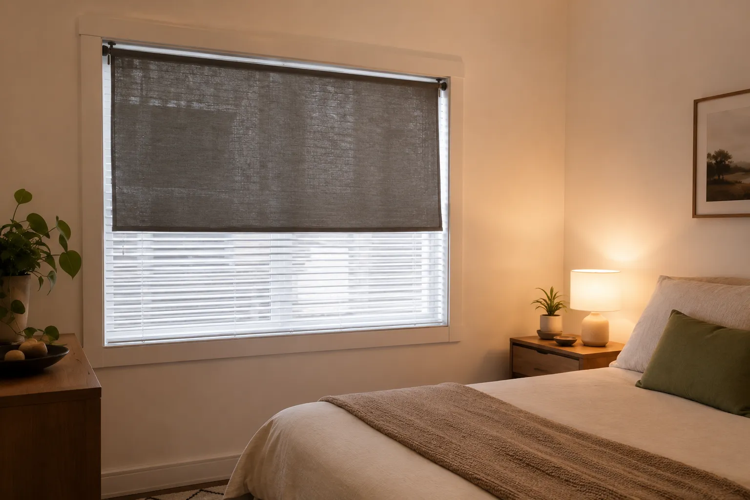 Small apartment bedroom window with rental blinds and a no-drill tension rod holding a simple darkening fabric panel.
