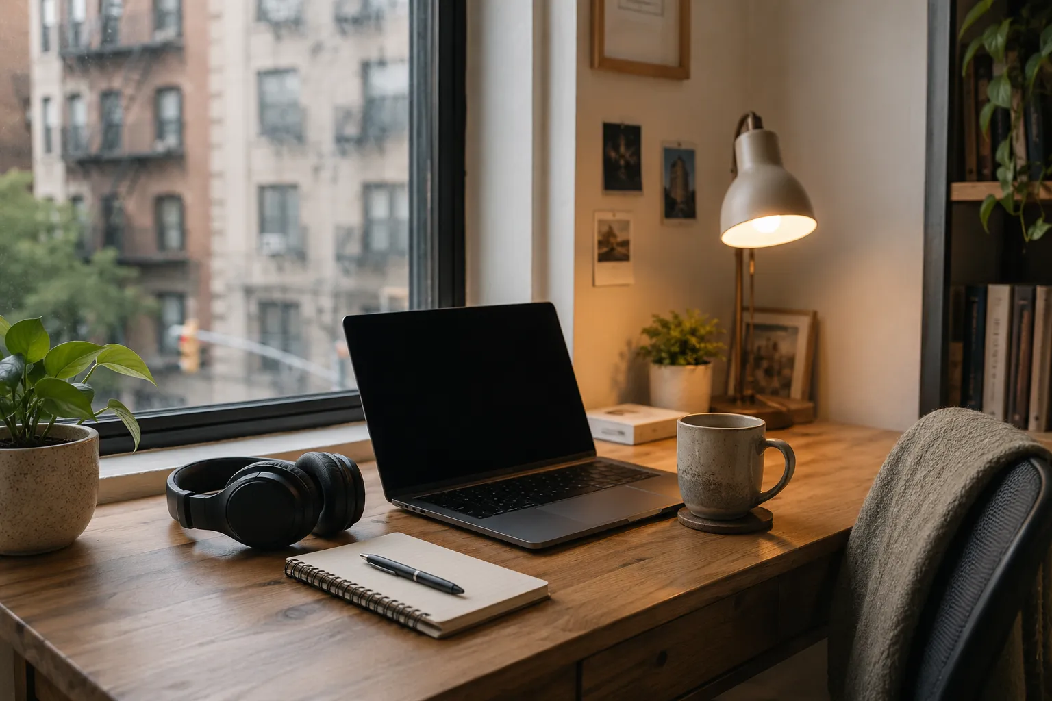 Over-ear noise-canceling headphones on a compact apartment desk with a laptop, notebook, coffee mug, and warm desk lamp.