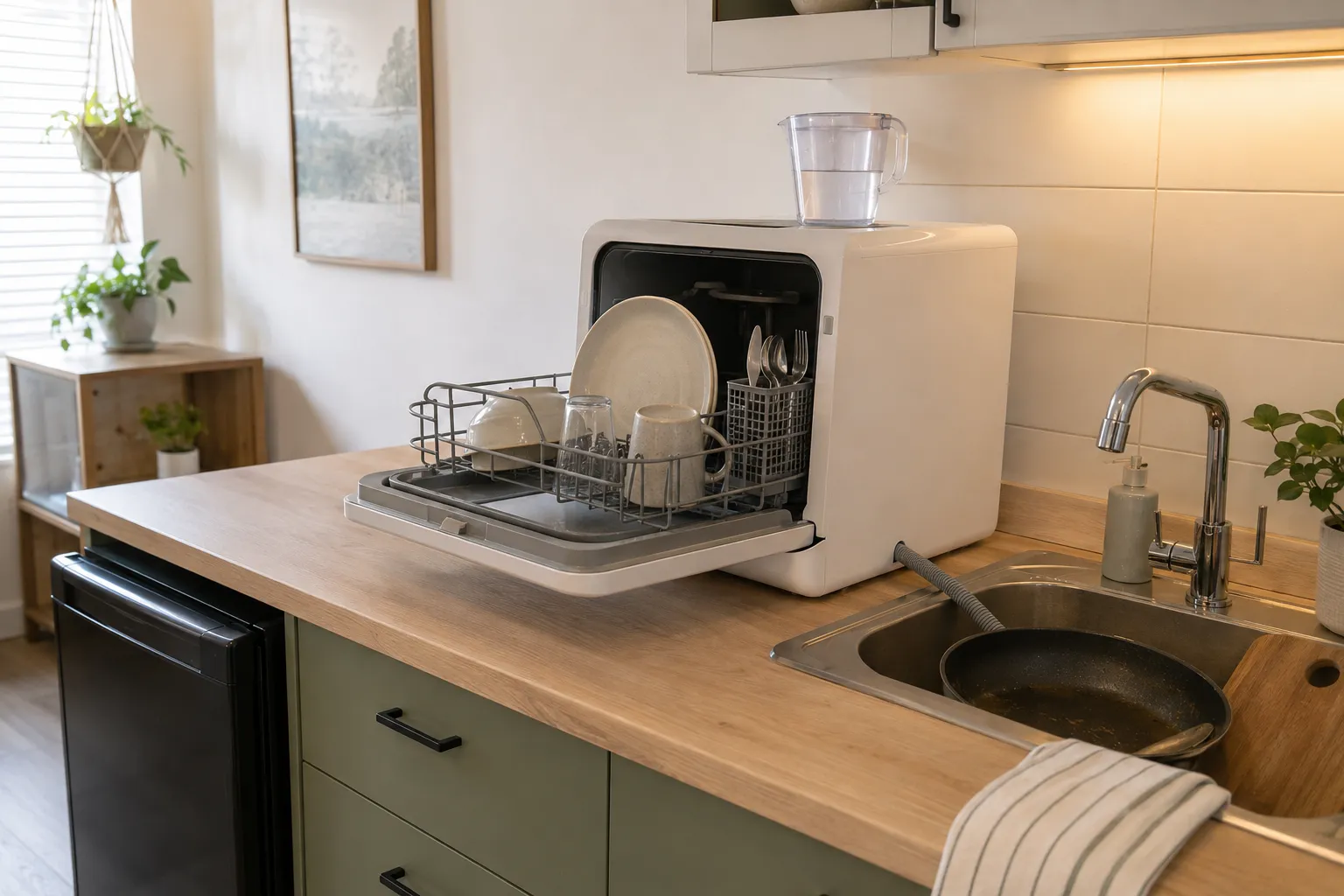 Compact countertop dishwasher loaded with a light one-person dish set while an oversized pan and cutting board remain beside the sink.