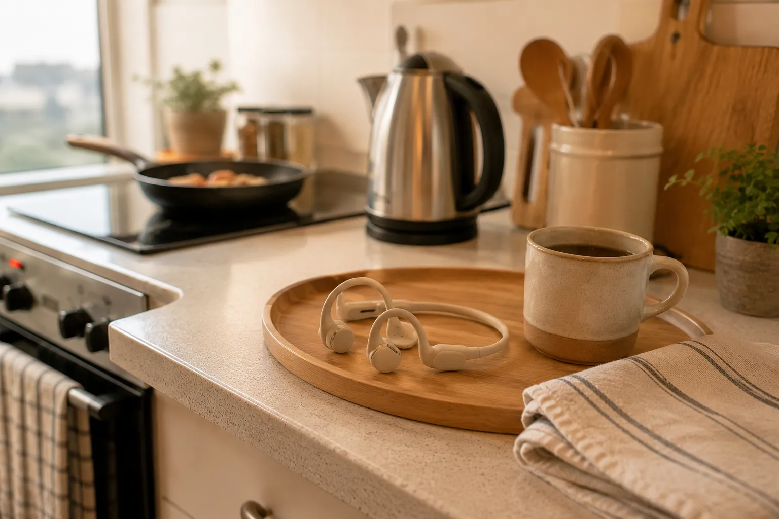 Open-ear headphones on a small apartment kitchen counter beside a kettle, mug, cutting board, dish towel, and cooking utensils.