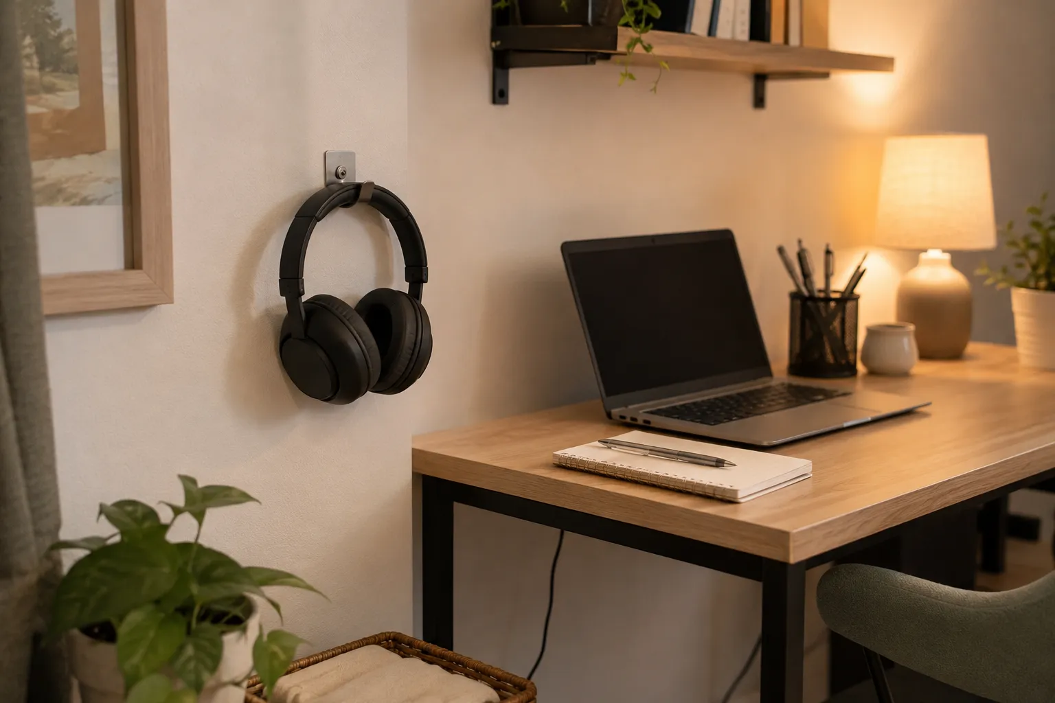 Over-ear headphones hanging on a hook beside a compact apartment desk with a laptop, notebook, and warm lamp.