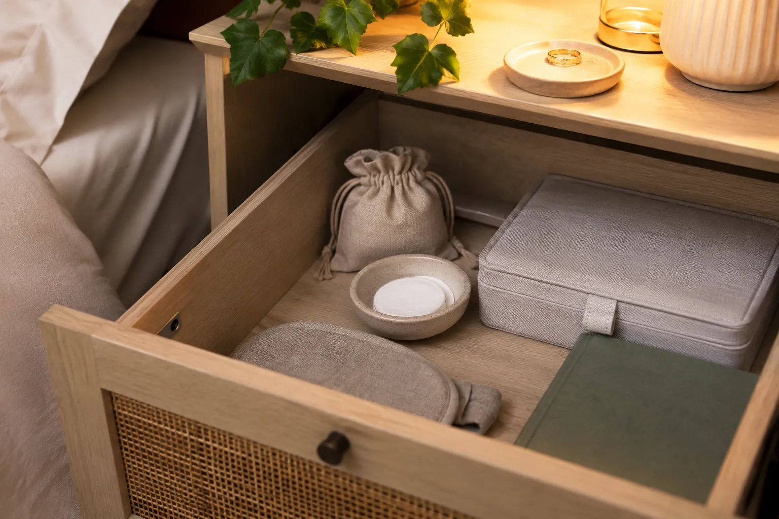 Small bedroom drawer with a fabric sachet, scented cotton pad in a dish, folded cloth, and simple bedtime routine items.