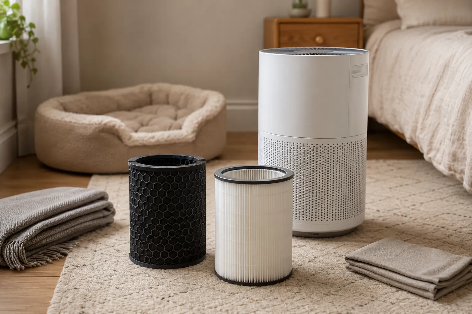 Pet bedroom air purifier with carbon filter support beside a pet bed and neutral bedroom furniture.