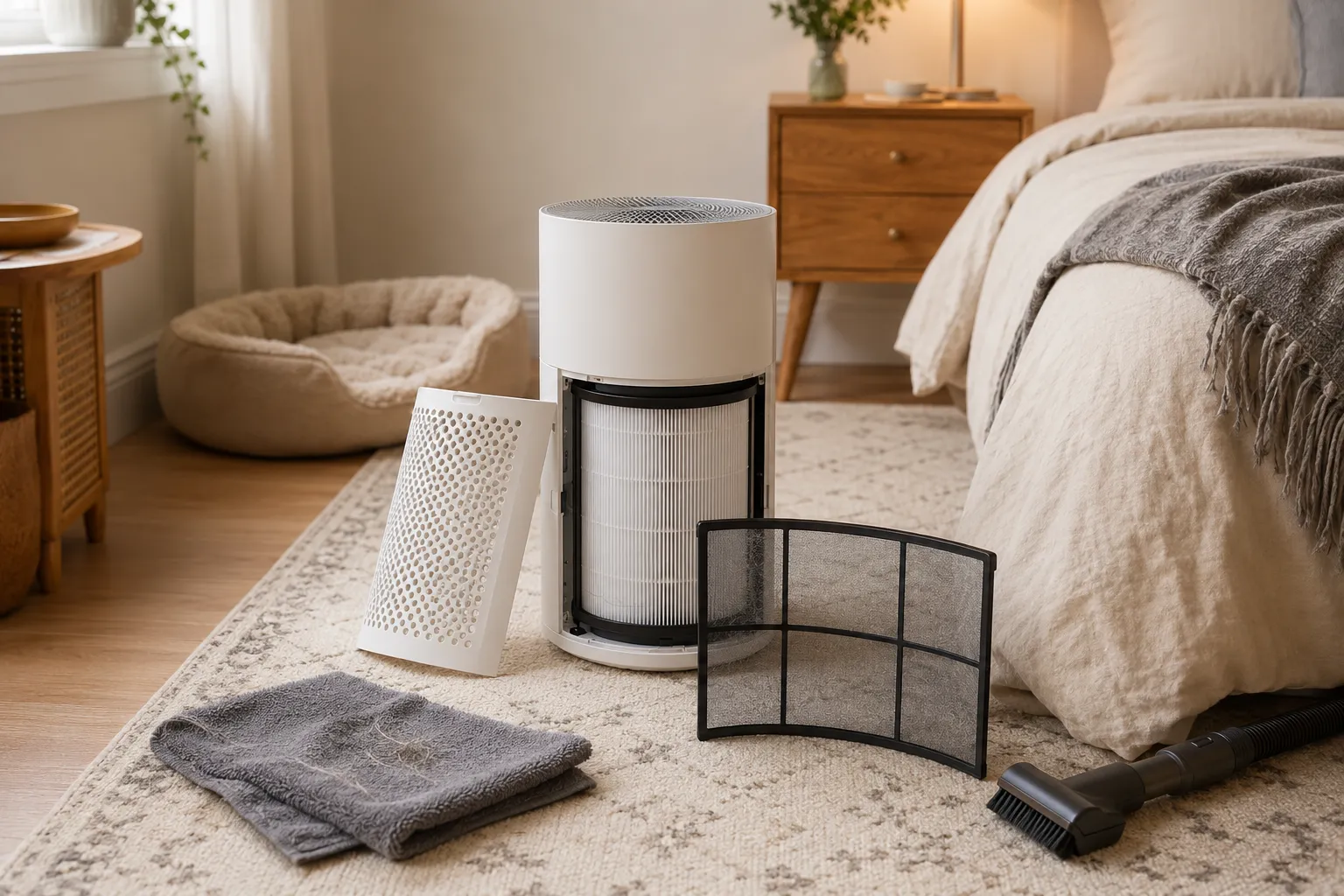 Pet hair air purifier pre-filter maintenance with visible lint, fur, and a washable pre-filter on a clean surface.