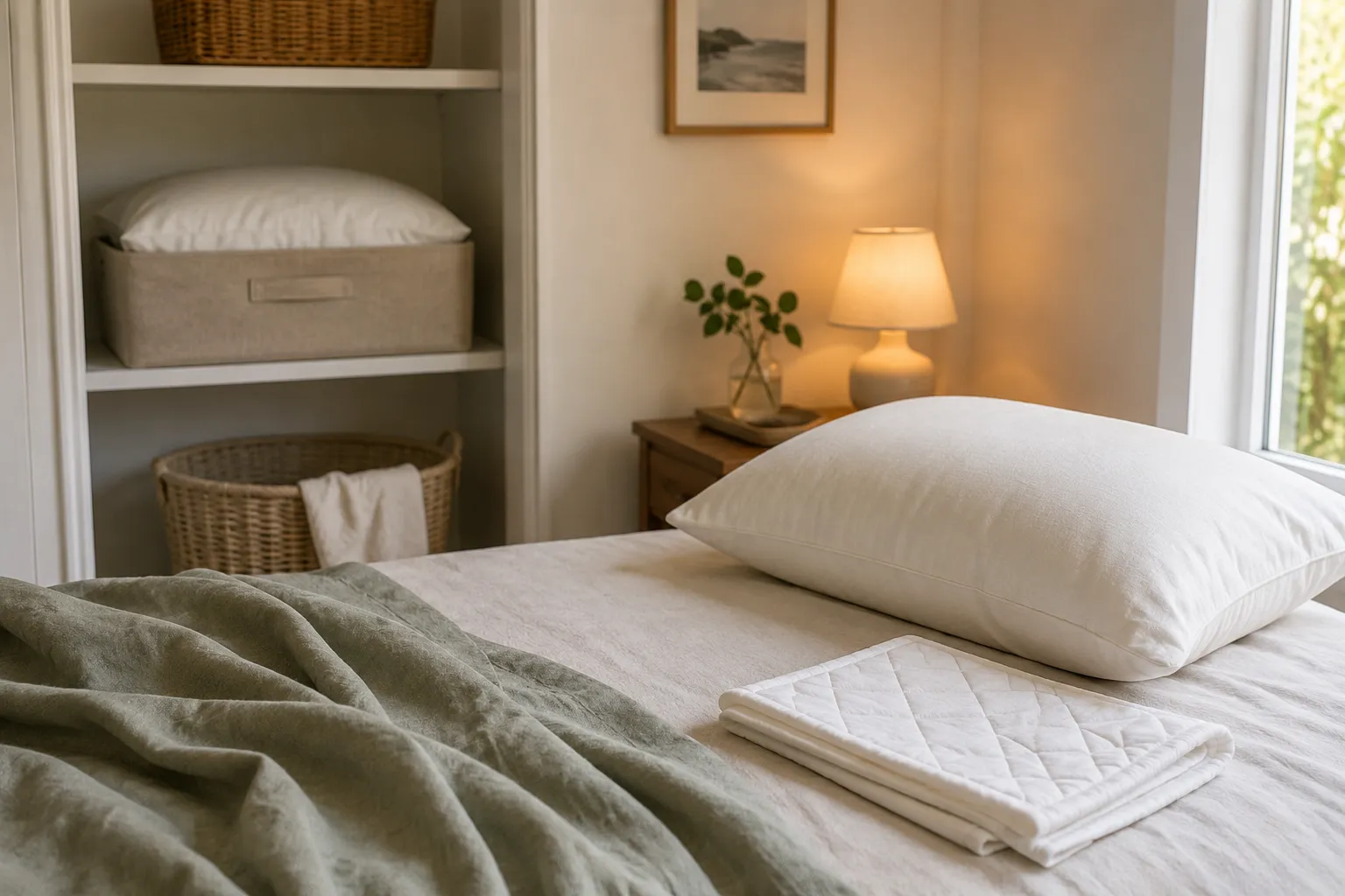 Three neutral bed setups showing different pillow heights for side, back, and stomach sleeping.