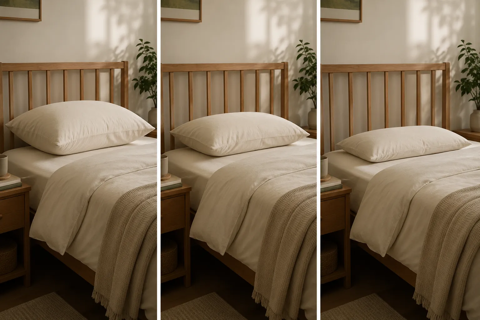 Three neutral bed setups showing different pillow heights for side, back, and stomach sleeping comfort.