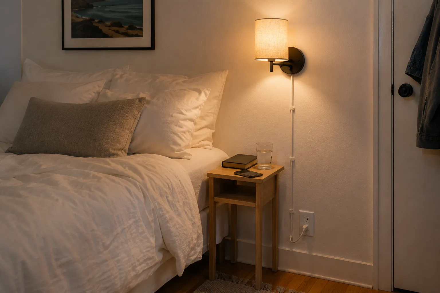 Small rental bedroom with a plug-in wall sconce, narrow nightstand, warm light, and neatly managed cord.