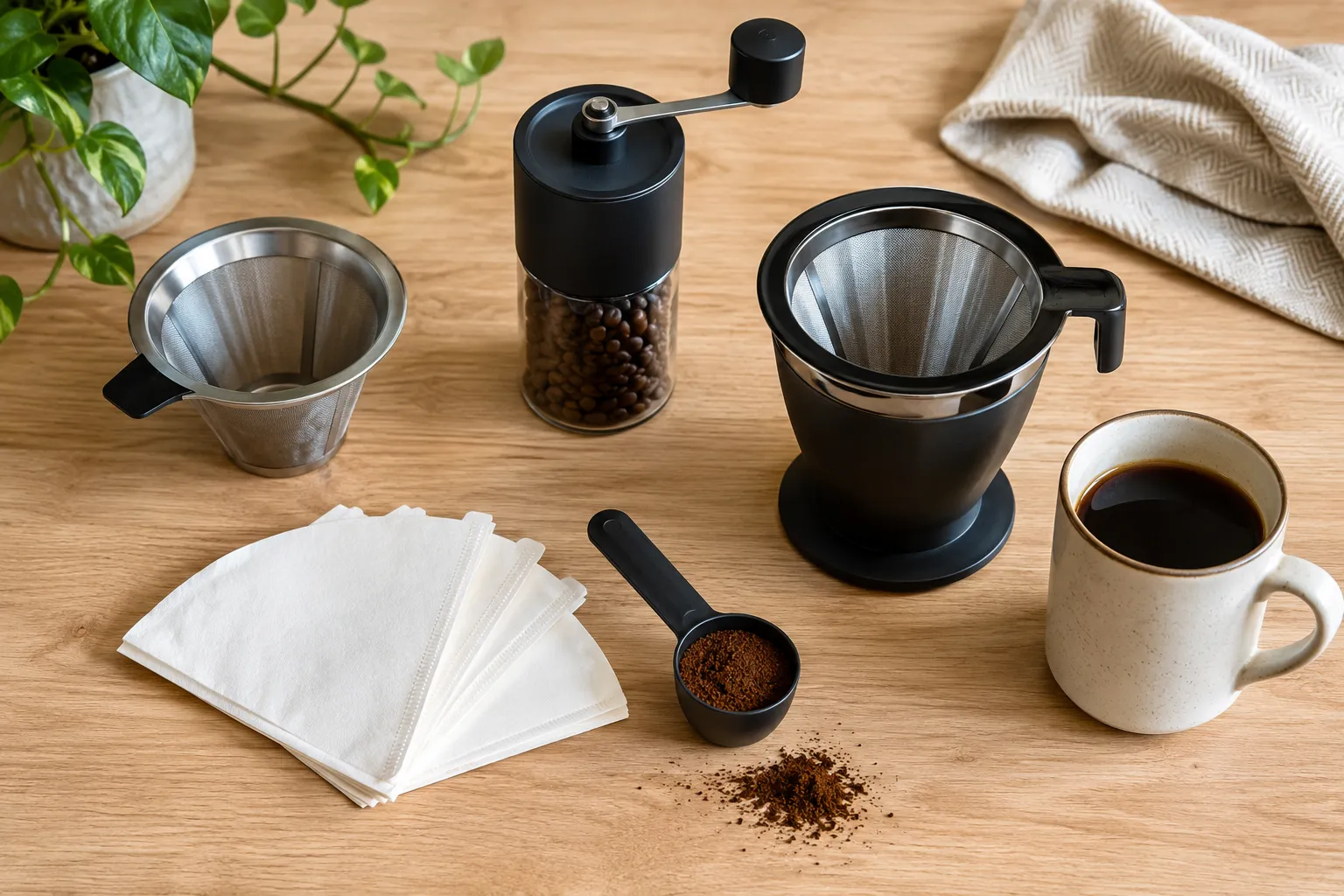 Reusable metal filter, cone paper filters, whole coffee beans, ground coffee, and a compact manual brewer arranged on a small kitchen counter.