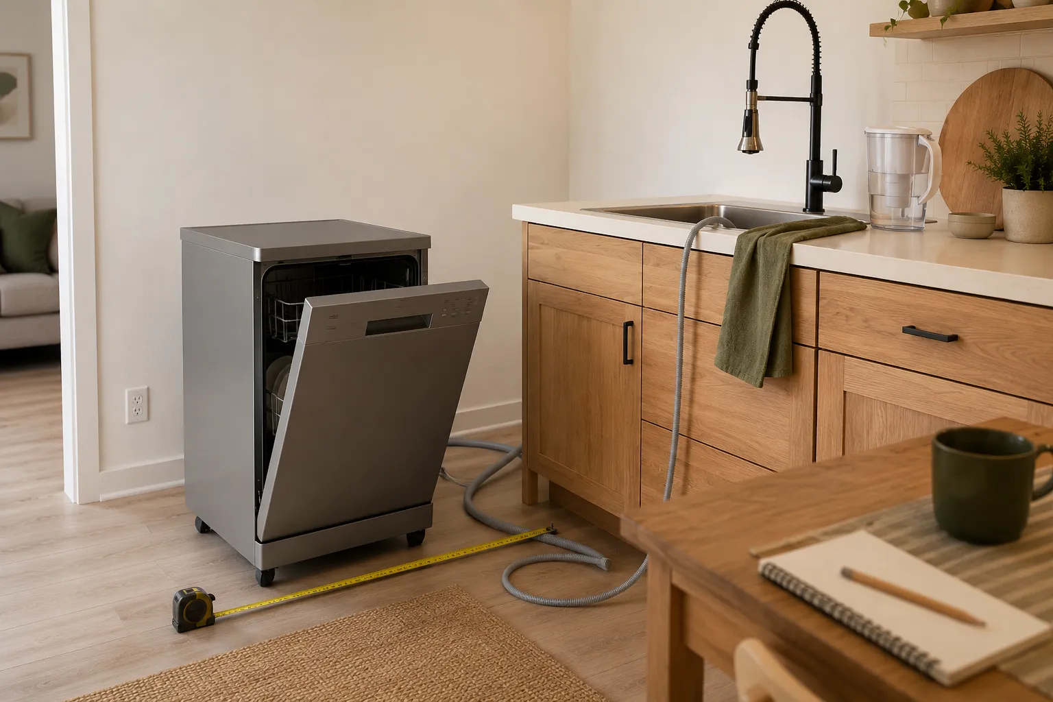 Floor-standing portable dishwasher beside a rental kitchen sink with door clearance, hose routing, outlet access, and floor space being measured.