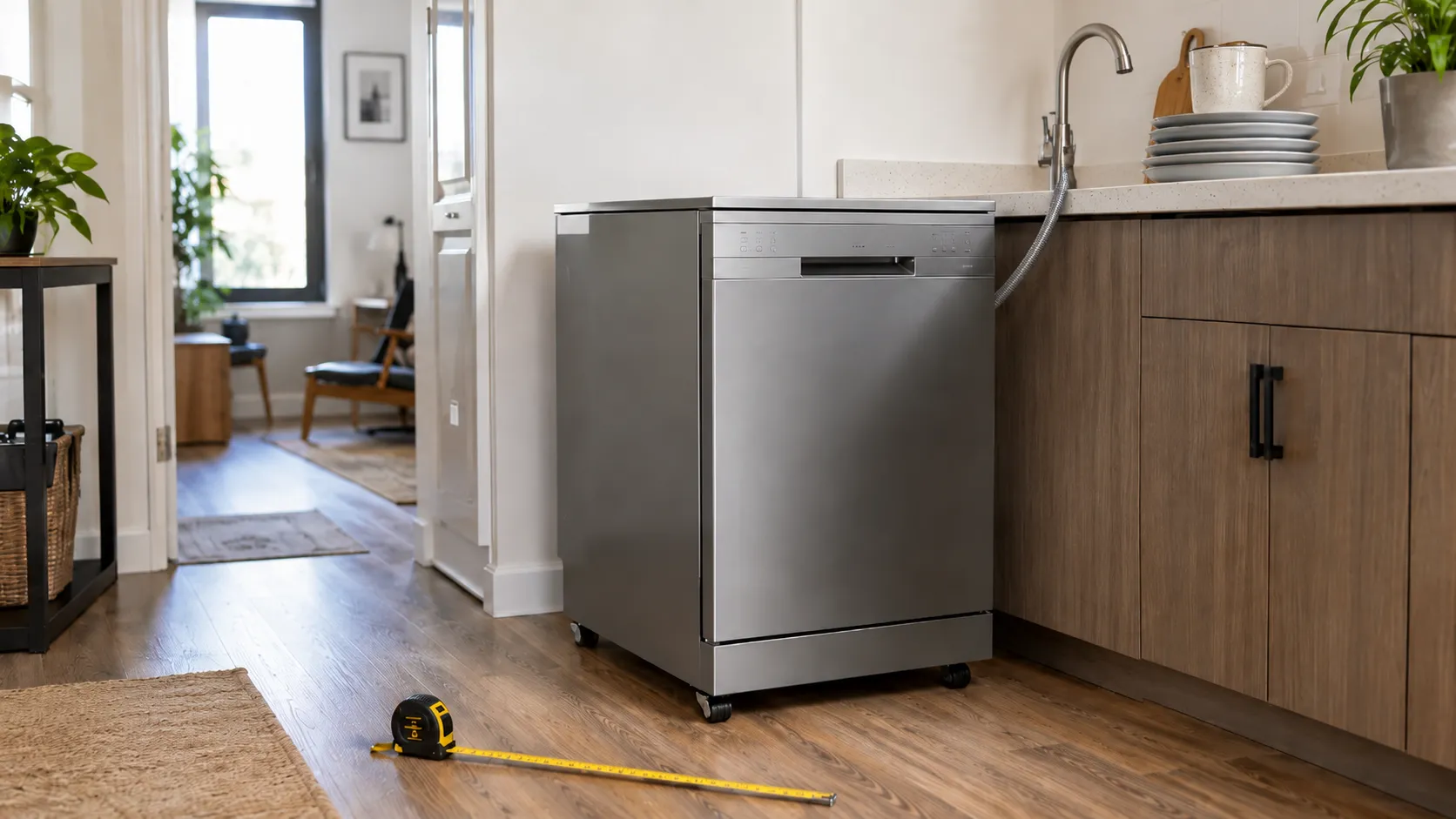 Full-size portable dishwasher on wheels beside a small apartment sink, with a temporary faucet connection, tape measure, and clear floor space.