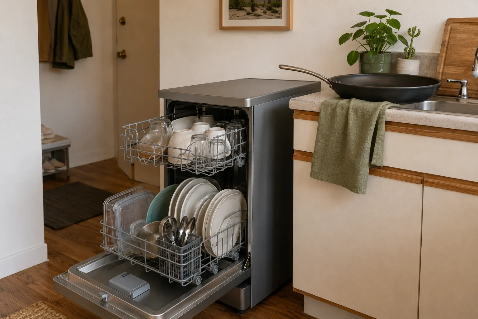 Floor-standing portable dishwasher connected to a fixed kitchen faucet with separate inlet and drain hoses and safe grounded outlet access.