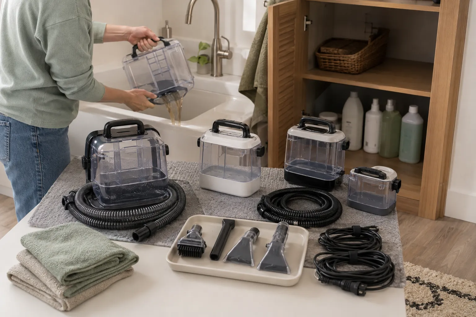 Adult renter emptying, rinsing, drying, and organizing portable spot-cleaner tanks, hoses, tools, cords, and cleaning formula before storage.