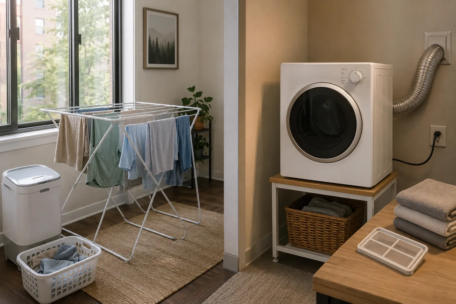 Apartment laundry comparison showing clothes air-drying on a folding rack and a separate compact vented dryer with planned exhaust and clearance.
