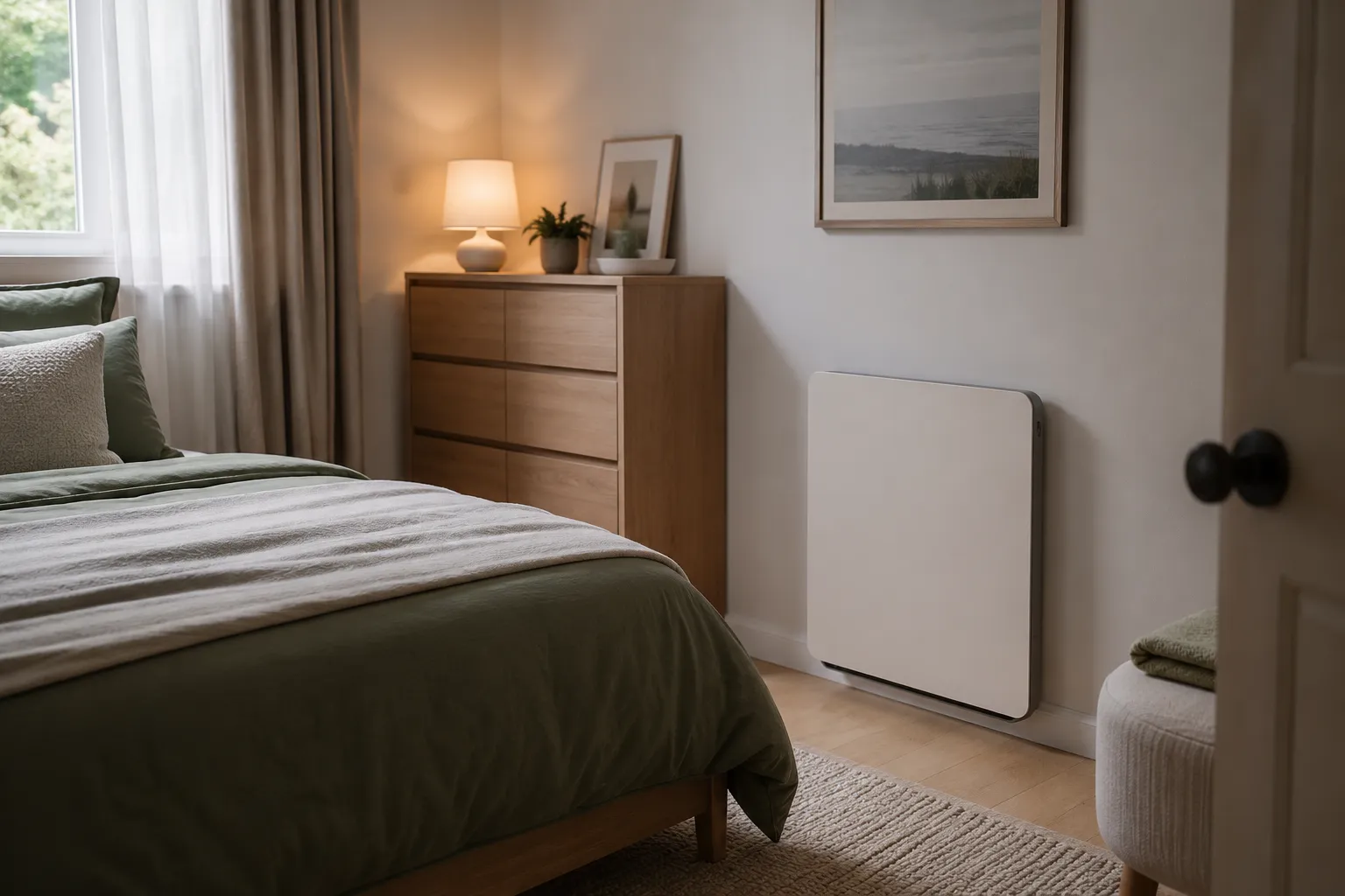 Premium quiet bedroom air purifier set up near neutral bedroom furniture with a clean, low-clutter layout.