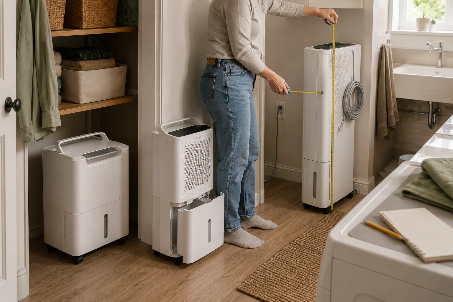 Adult renter comparing a cube-style, shallow upright, and taller pump dehumidifier by floor depth, bucket access, vertical clearance, walkway space, and seasonal storage.
