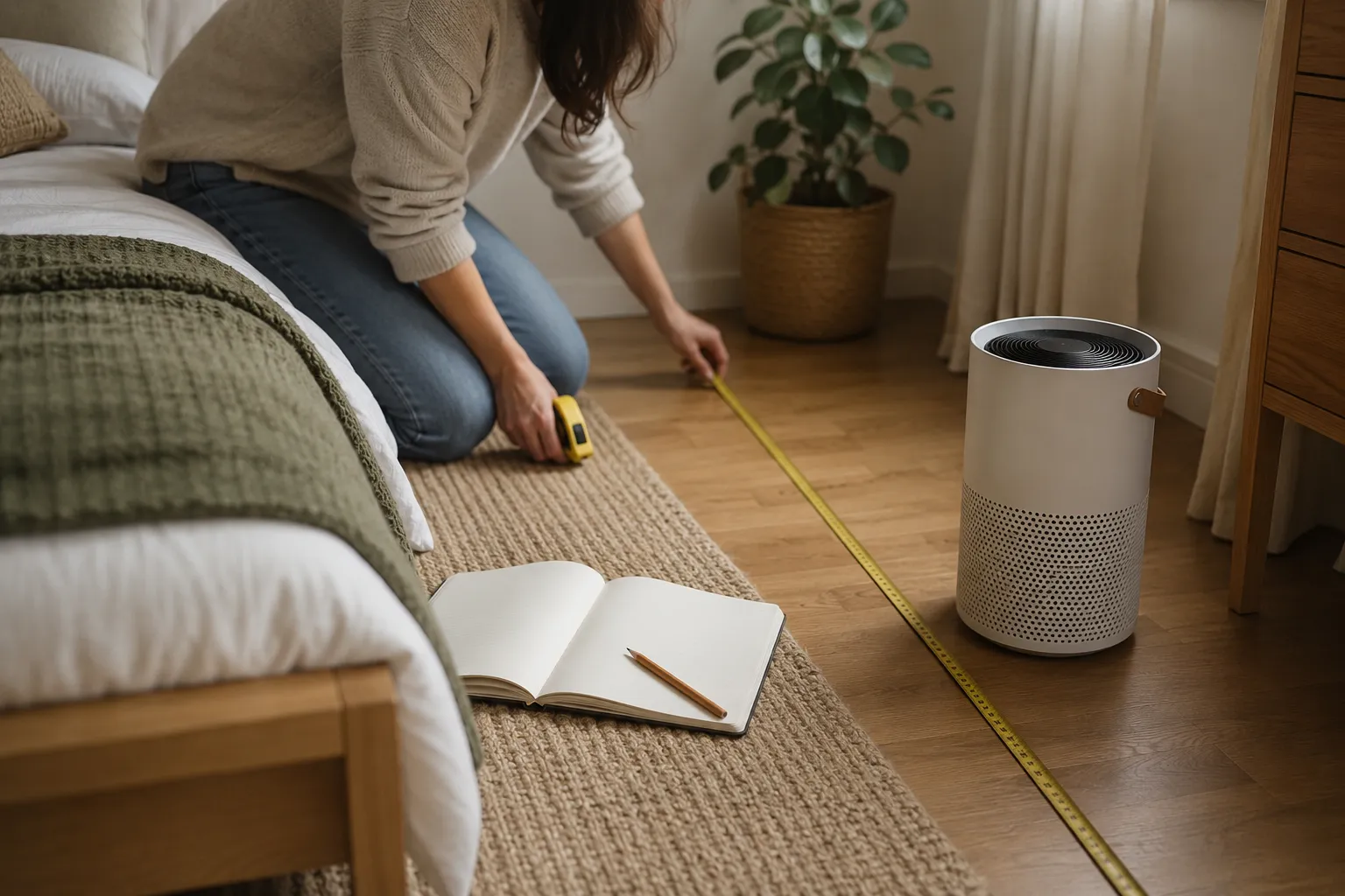Quiet air purifier CADR planning setup with a notebook, room-size notes, and a compact bedroom purifier.