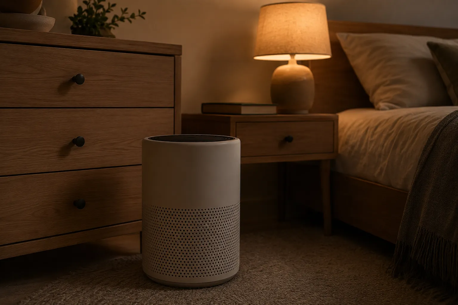 Quiet bedroom air purifier on a nightstand with display lights off and soft bedding for sleep mode.
