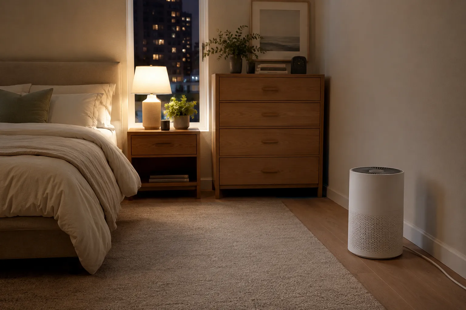Quiet bedroom air purifier placed across the room from the bed with open airflow and no blocked vents.