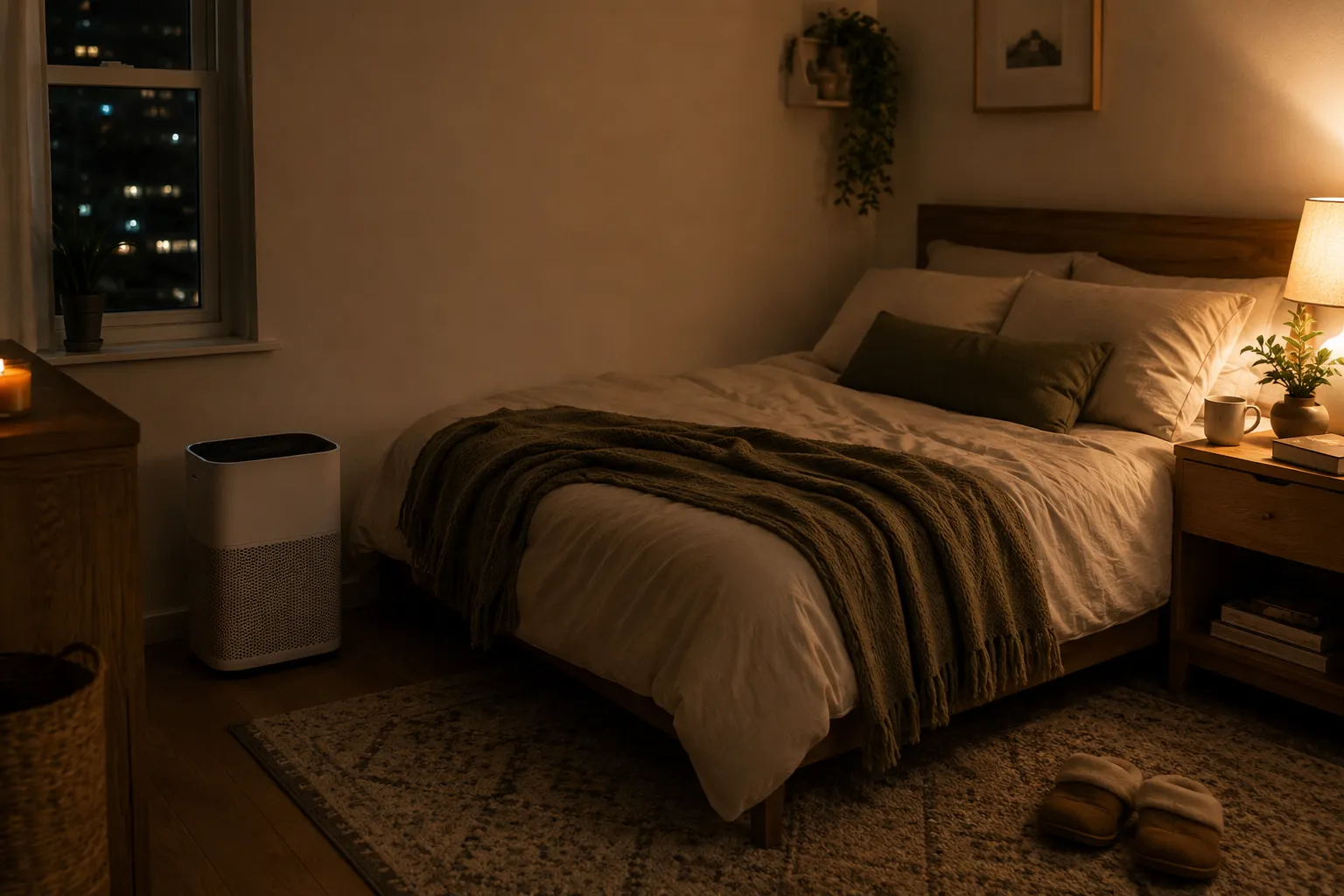 Quiet bedroom air purifier running near neutral bedding with lights dimmed for a sleep-friendly setup.