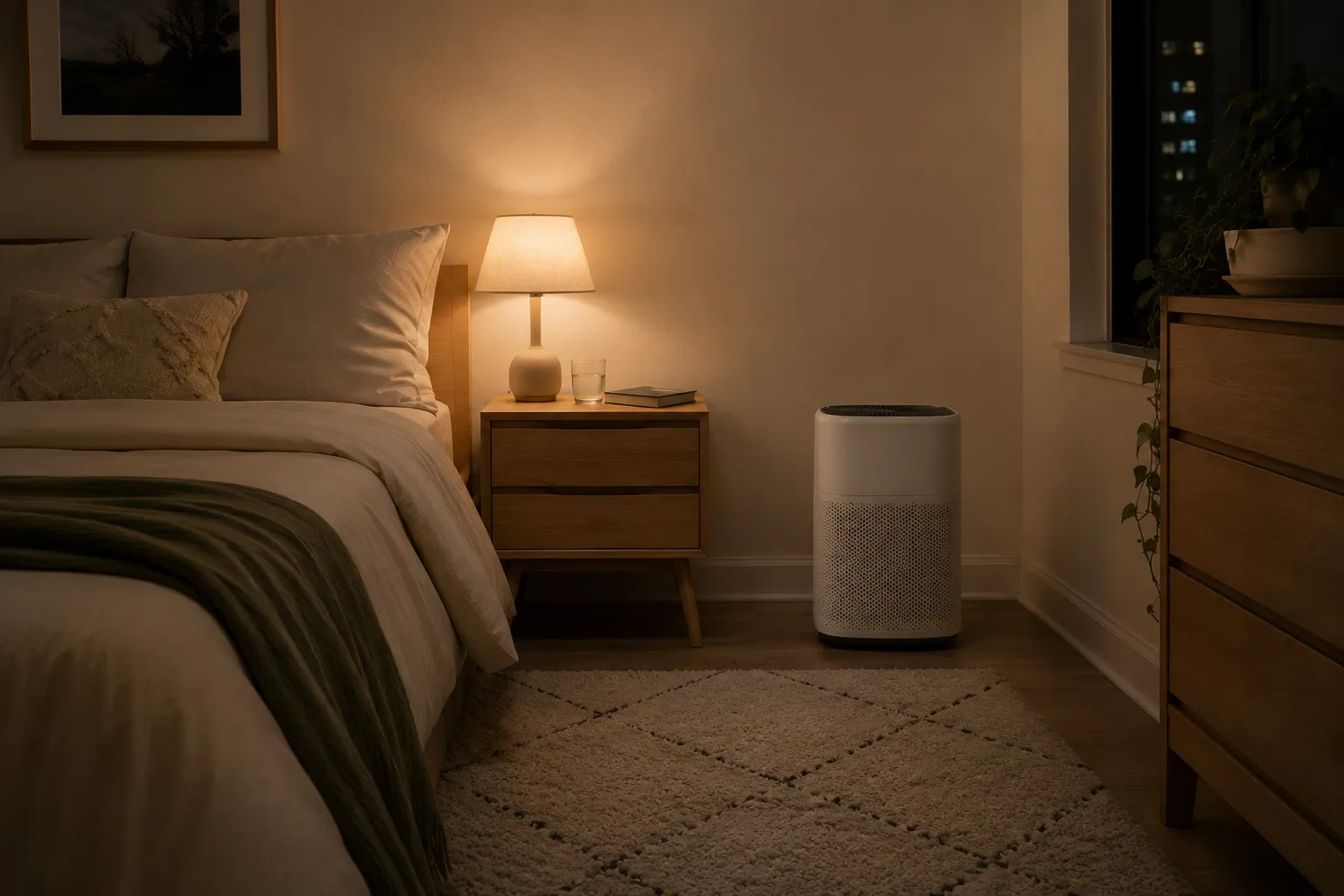 Quiet compact air purifier on a small bedroom floor beside neutral bedding and a clear walking path.